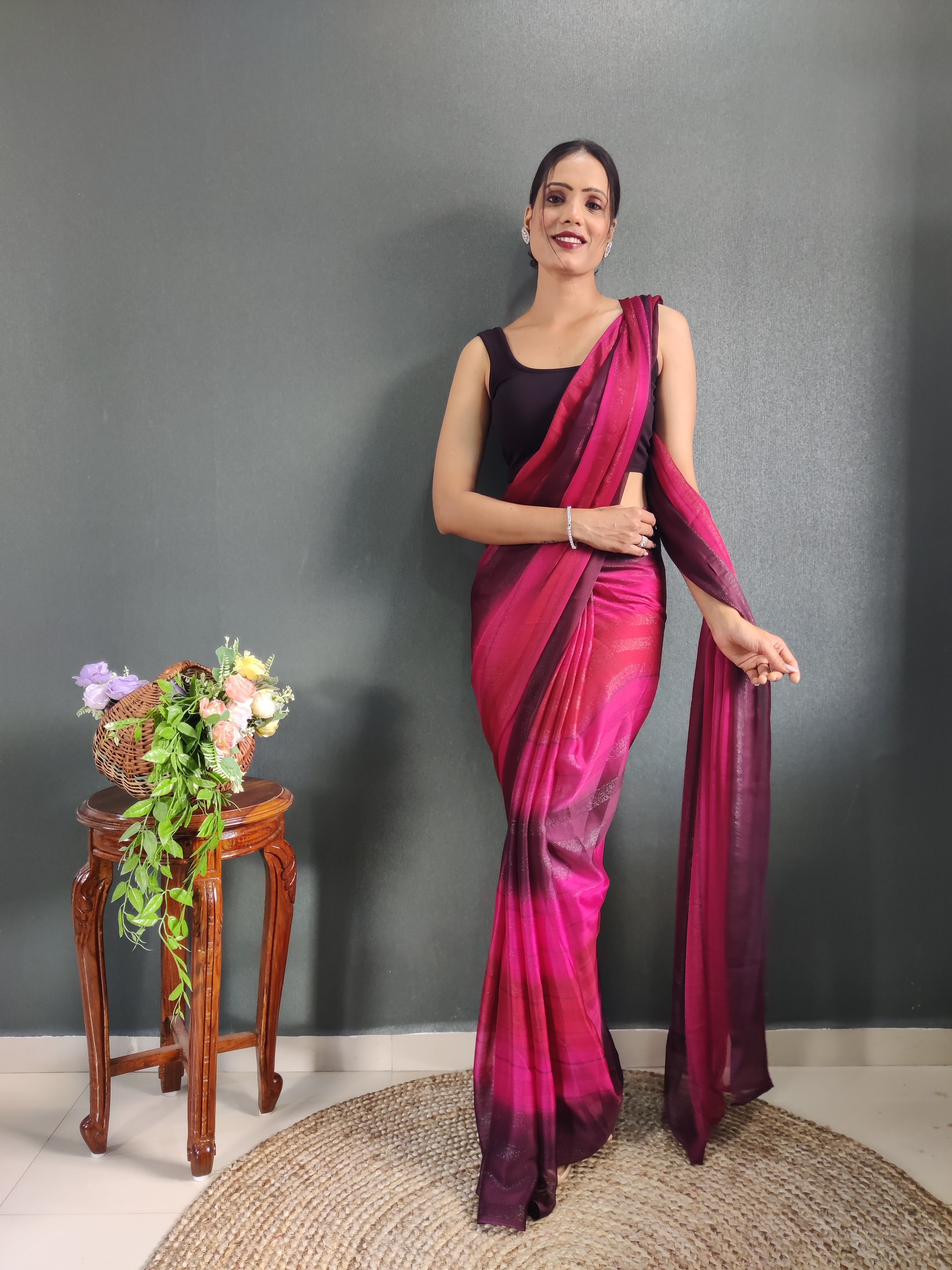 Sanghosha Beetroot Purple Premium Georgette 1-Min Ready To Wear Saree