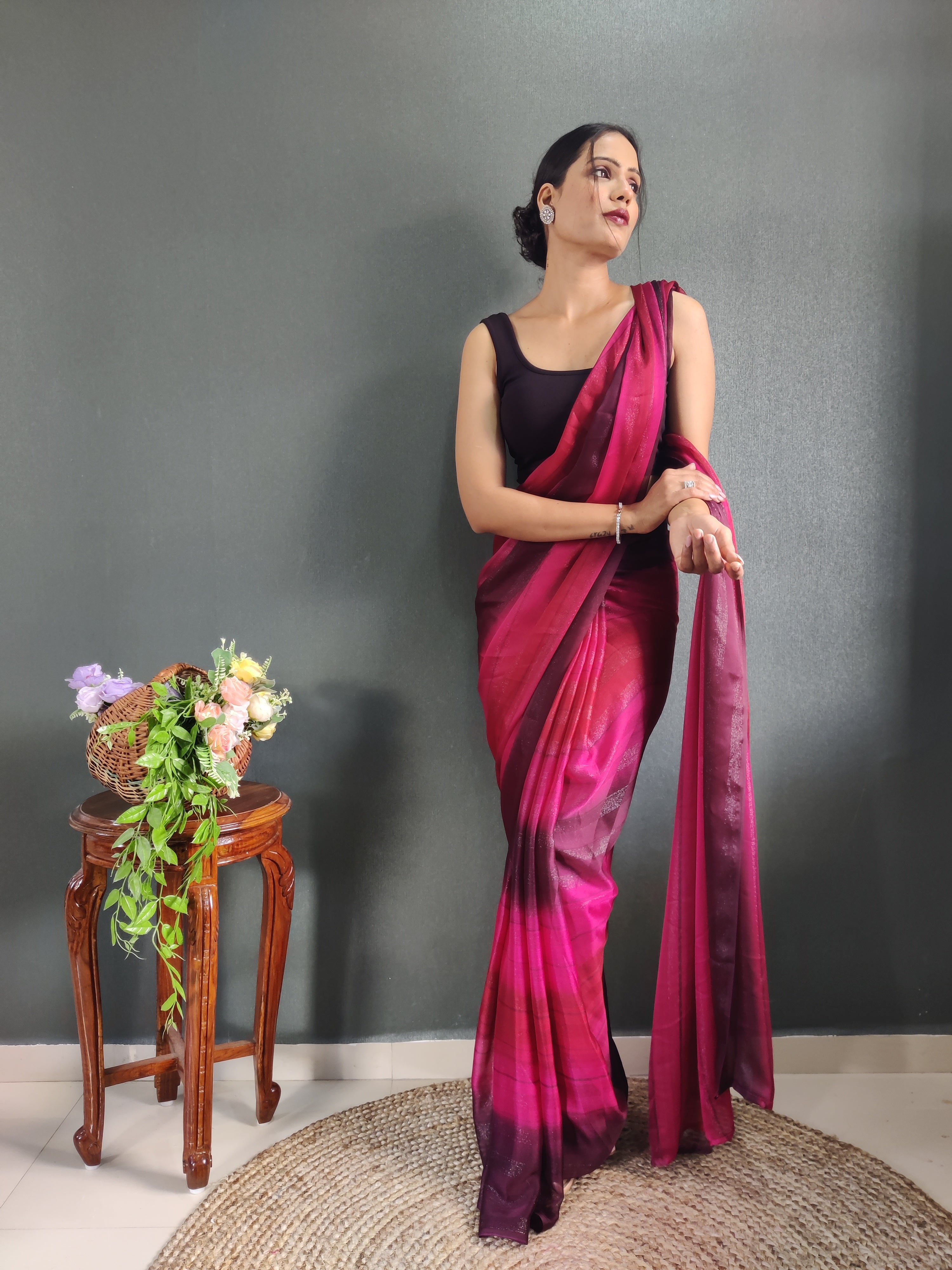 Sanghosha Beetroot Purple Premium Georgette 1-Min Ready To Wear Saree