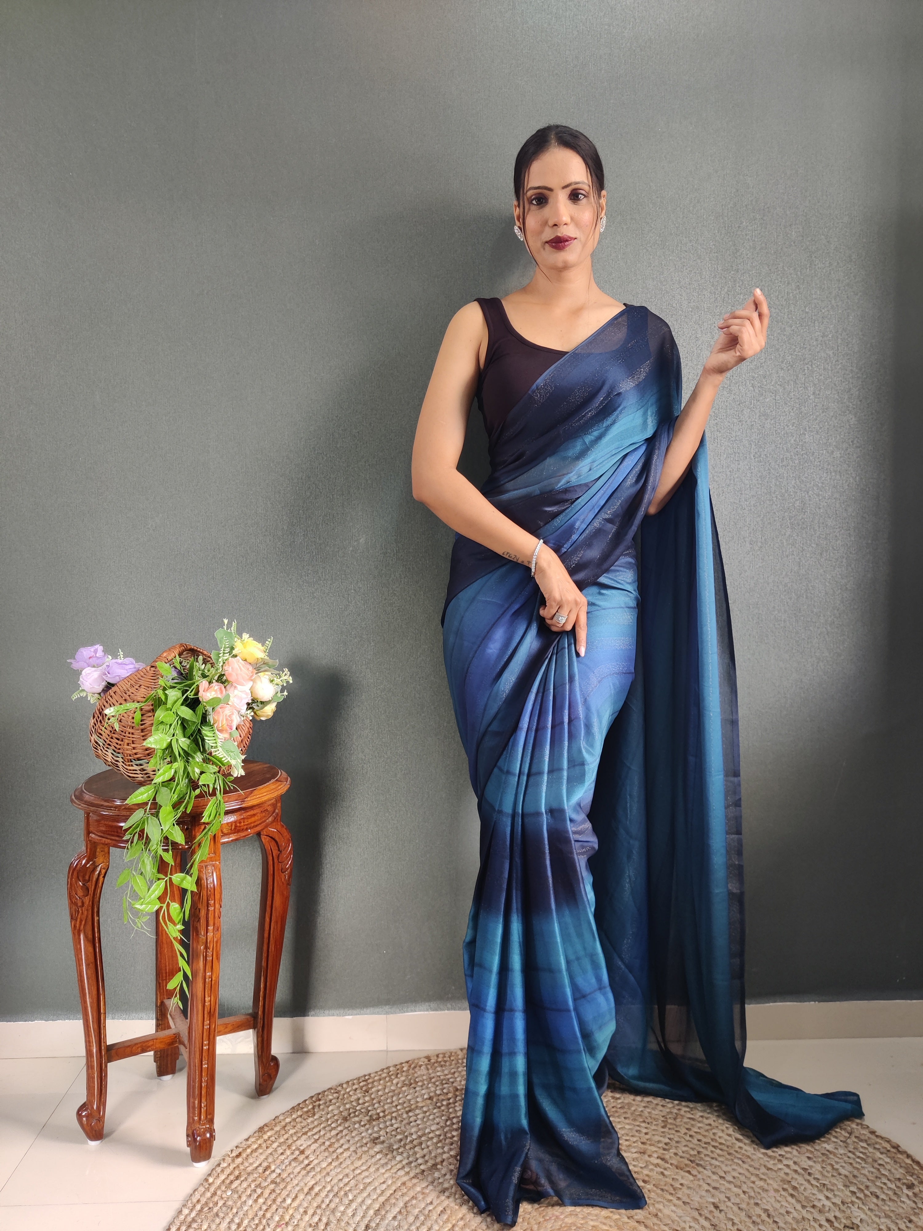 Sanghosha Blue Chrysocolla Premium Georgette 1-Min Ready To Wear Saree