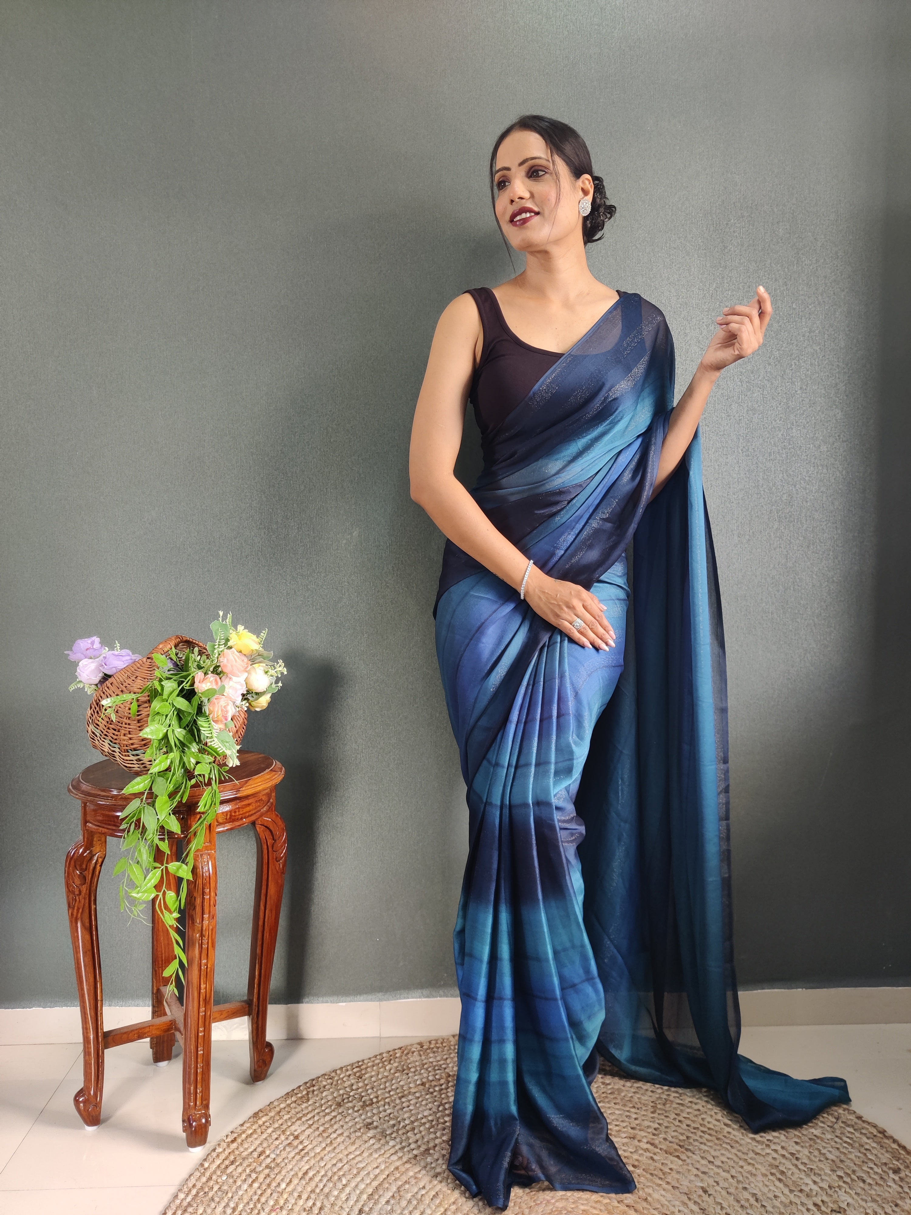 Sanghosha Blue Chrysocolla Premium Georgette 1-Min Ready To Wear Saree