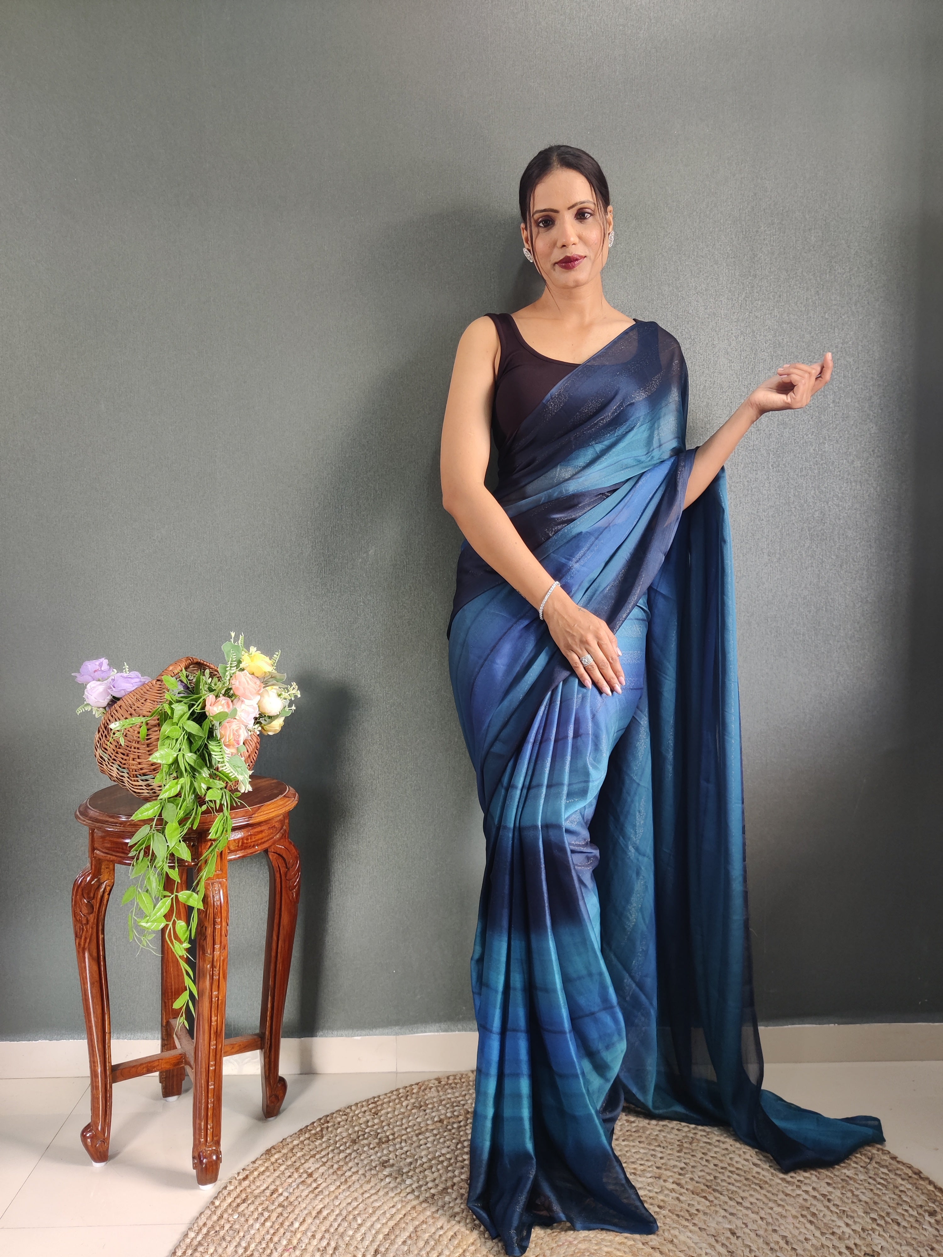 Sanghosha Blue Chrysocolla Premium Georgette 1-Min Ready To Wear Saree