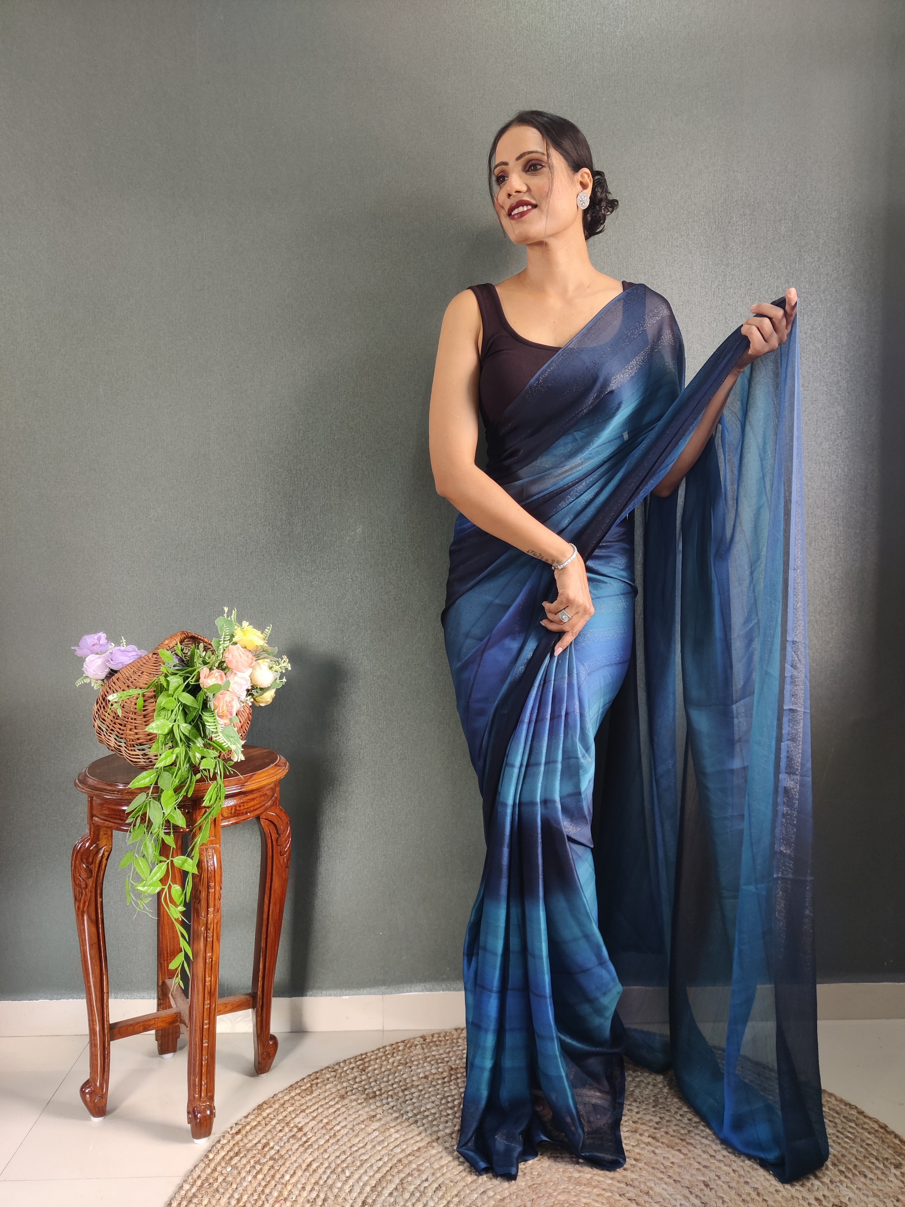 Sanghosha Blue Chrysocolla Premium Georgette 1-Min Ready To Wear Saree
