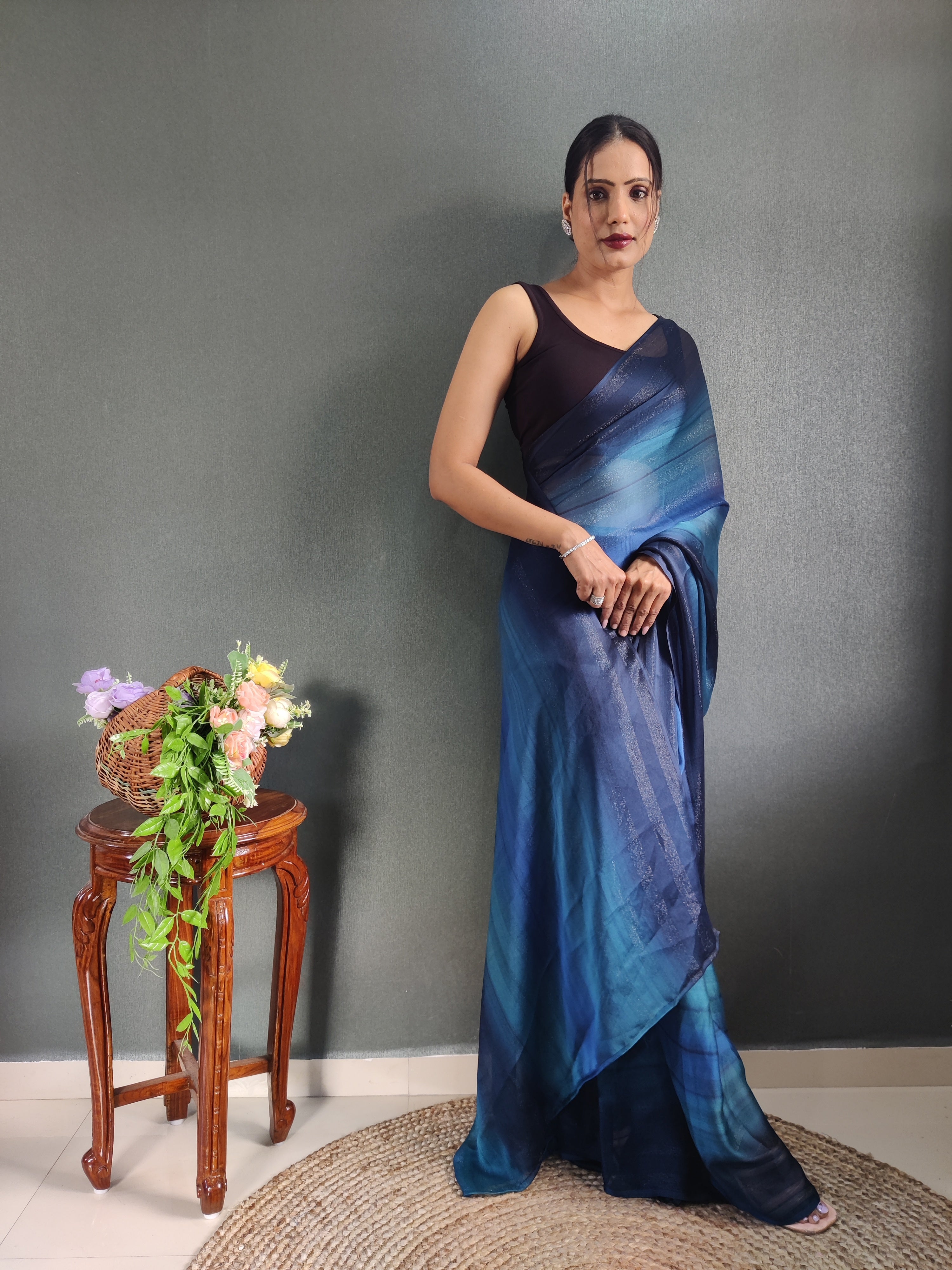 Sanghosha Blue Chrysocolla Premium Georgette 1-Min Ready To Wear Saree