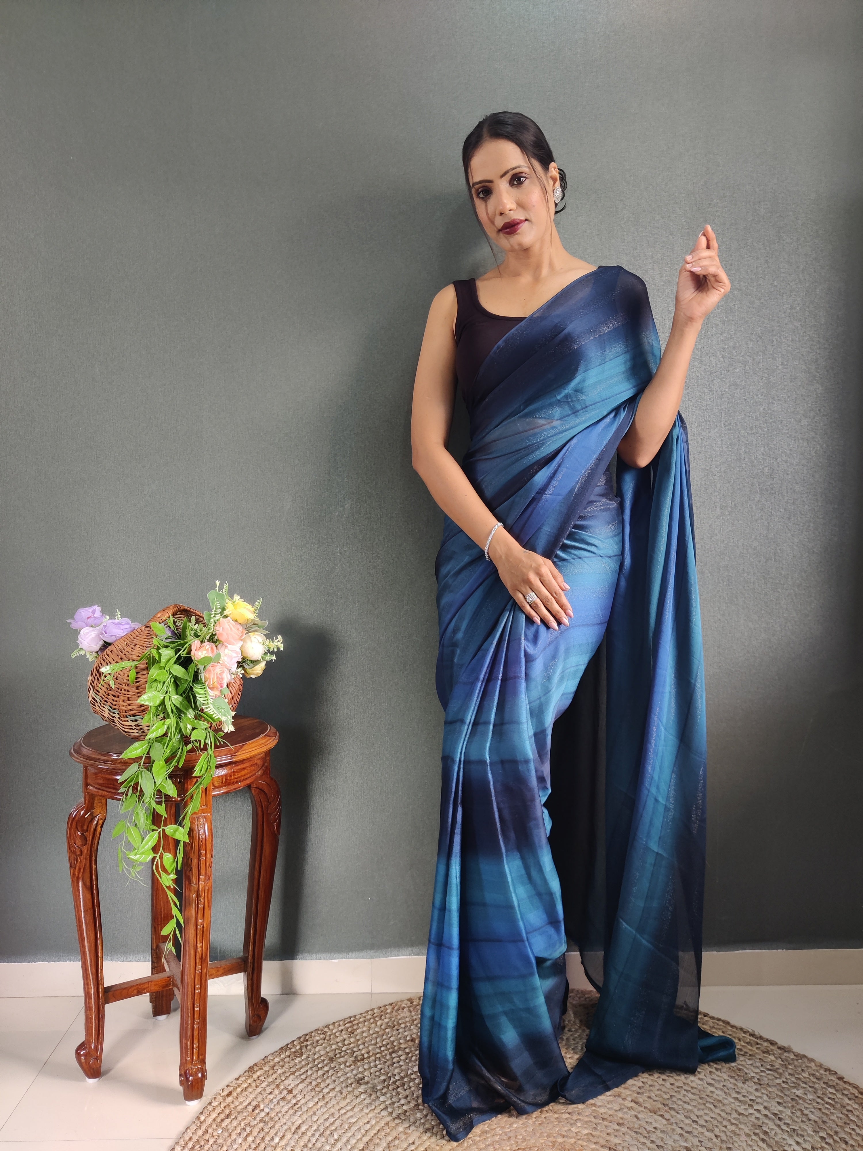 Sanghosha Blue Chrysocolla Premium Georgette 1-Min Ready To Wear Saree