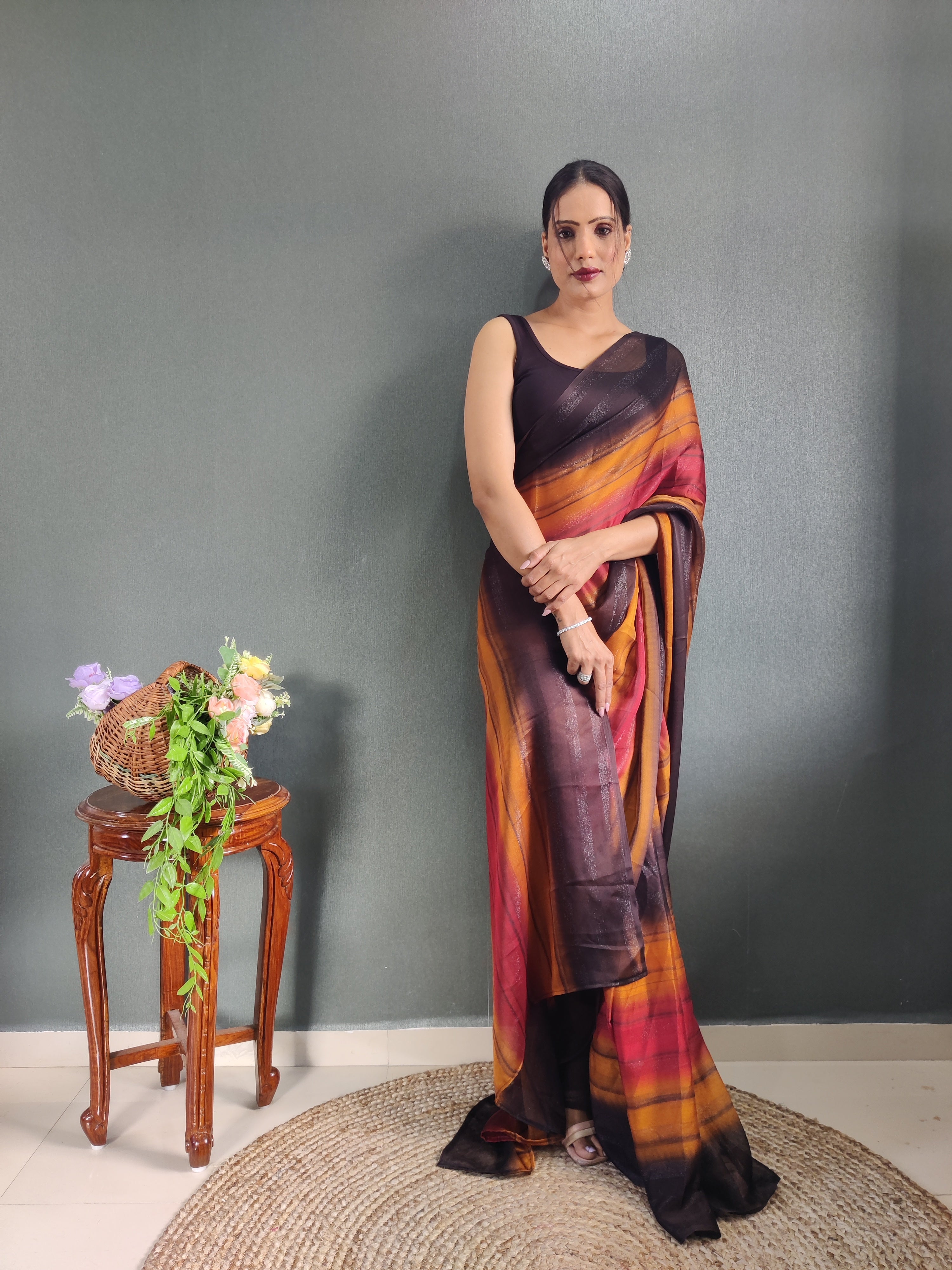 Sanghosha Calypso Berry Premium Georgette 1-Min Ready To Wear Saree
