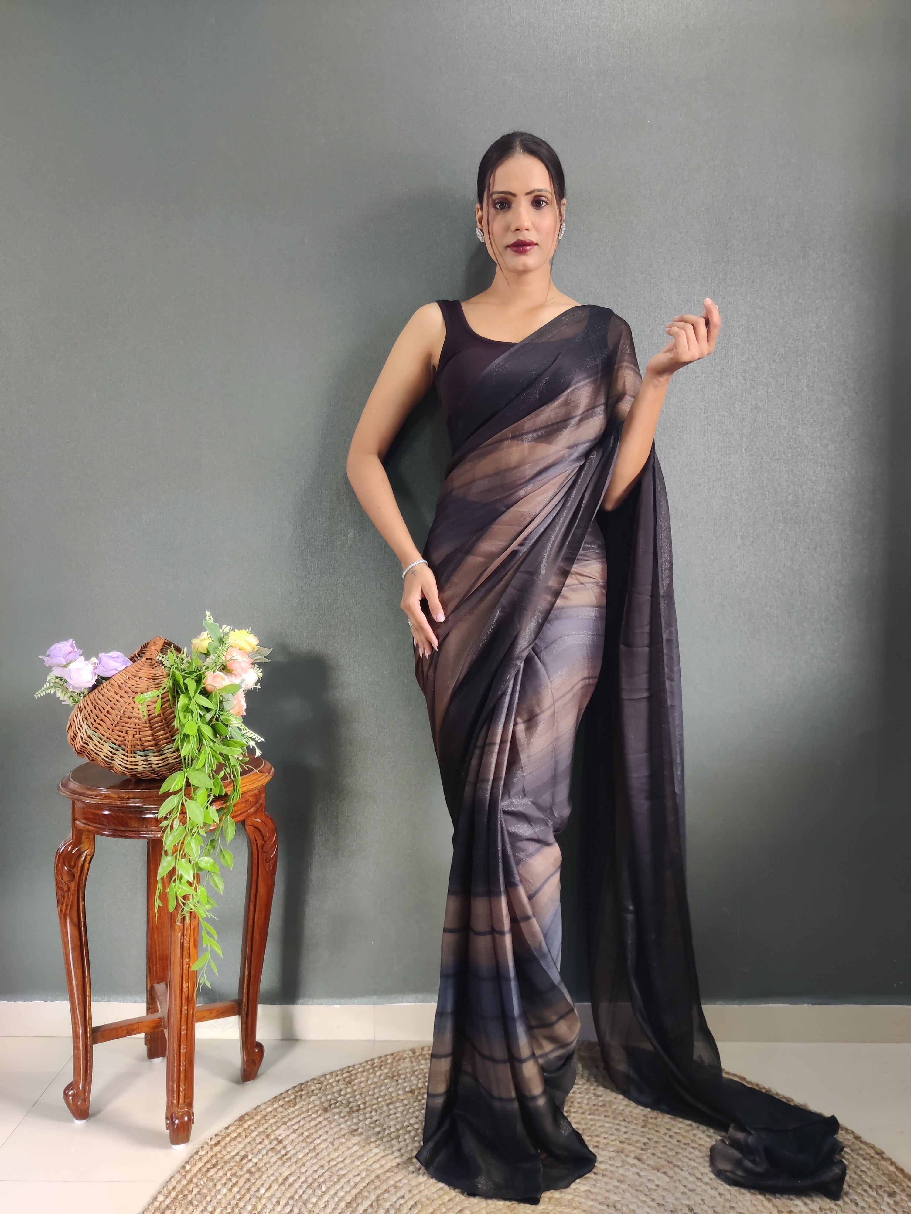 Sanghosha Dark Nut Brown Premium Georgette 1-Min Ready To Wear Saree