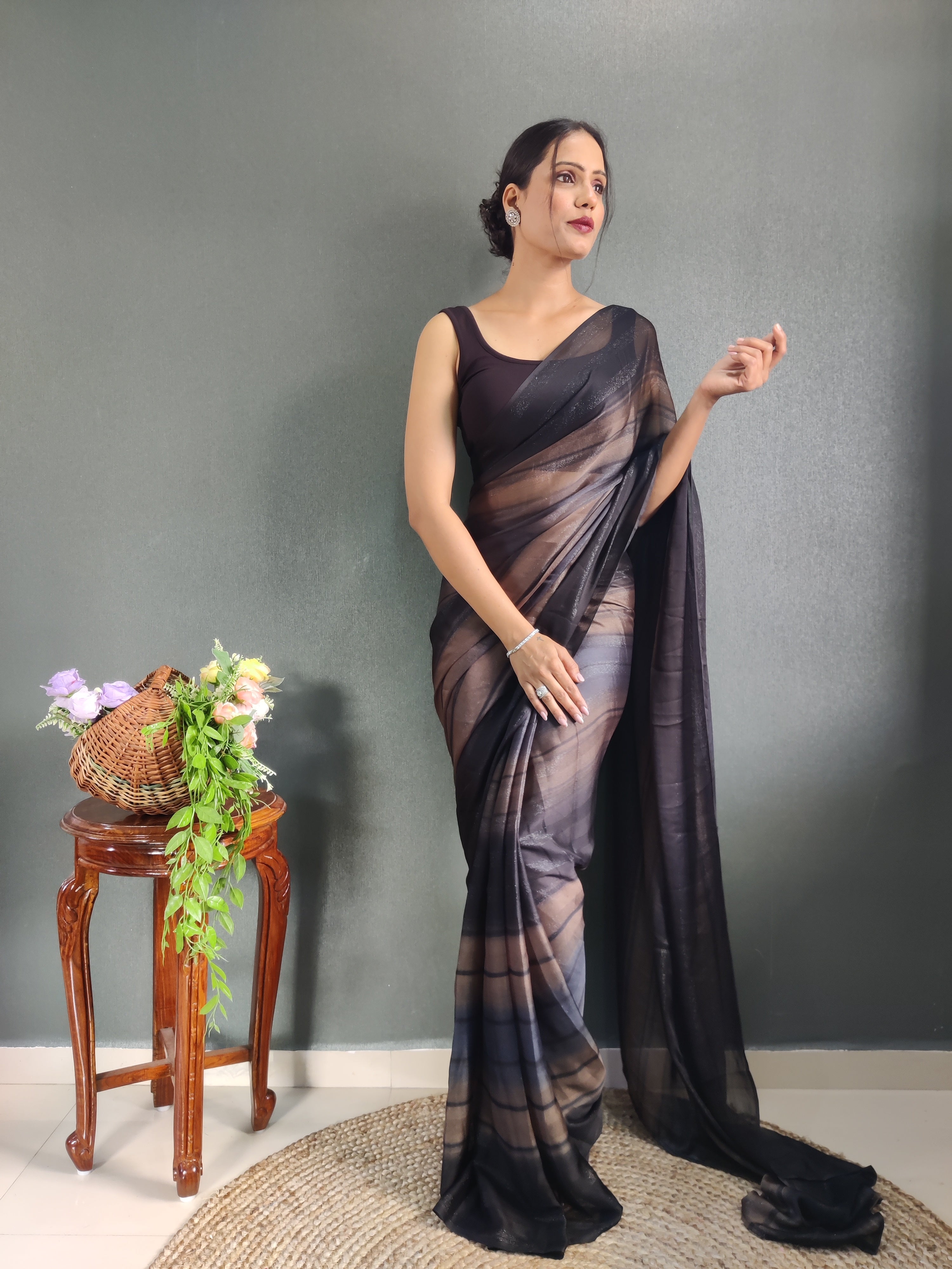 Sanghosha Dark Nut Brown Premium Georgette 1-Min Ready To Wear Saree