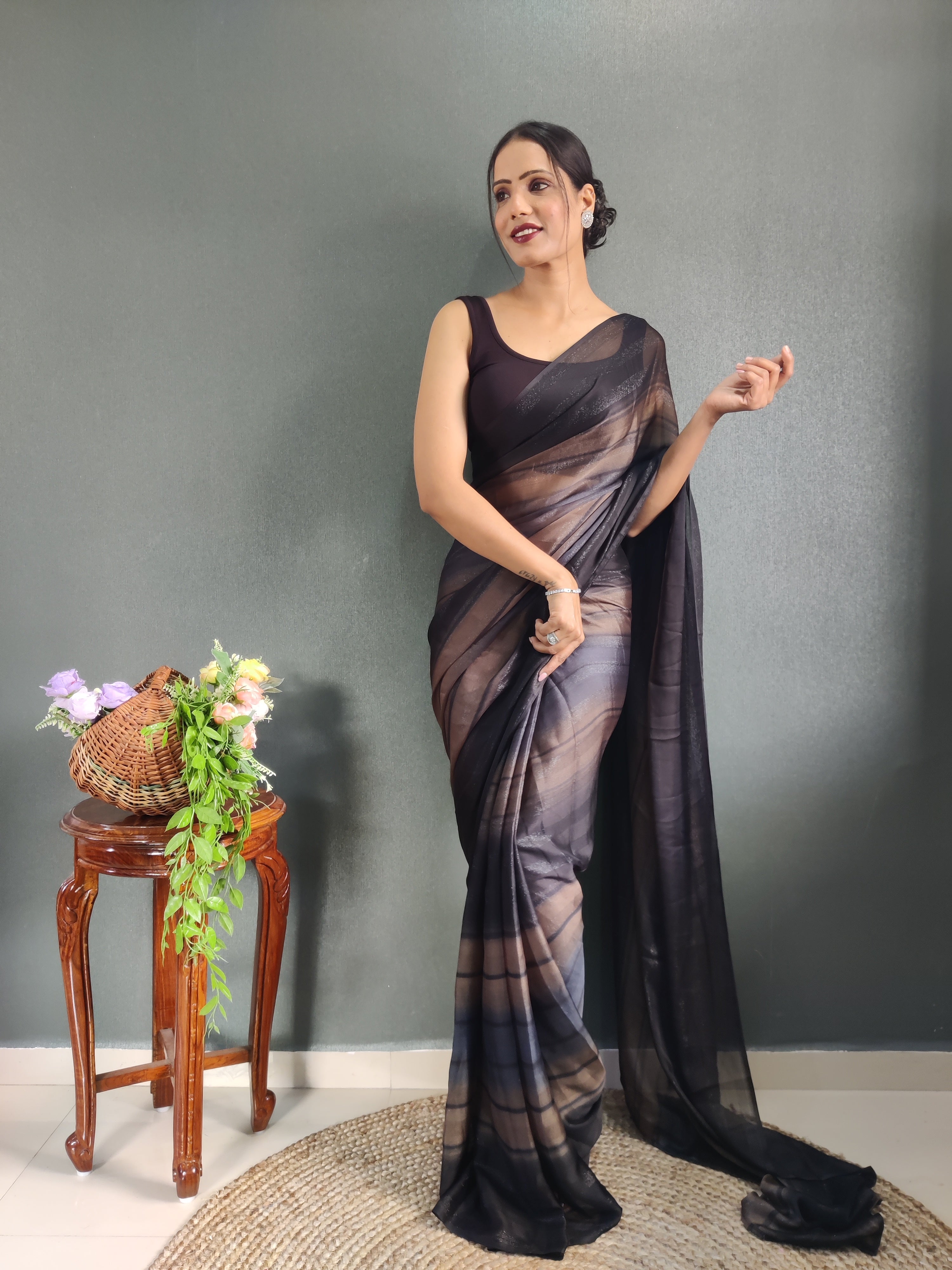 Sanghosha Dark Nut Brown Premium Georgette 1-Min Ready To Wear Saree