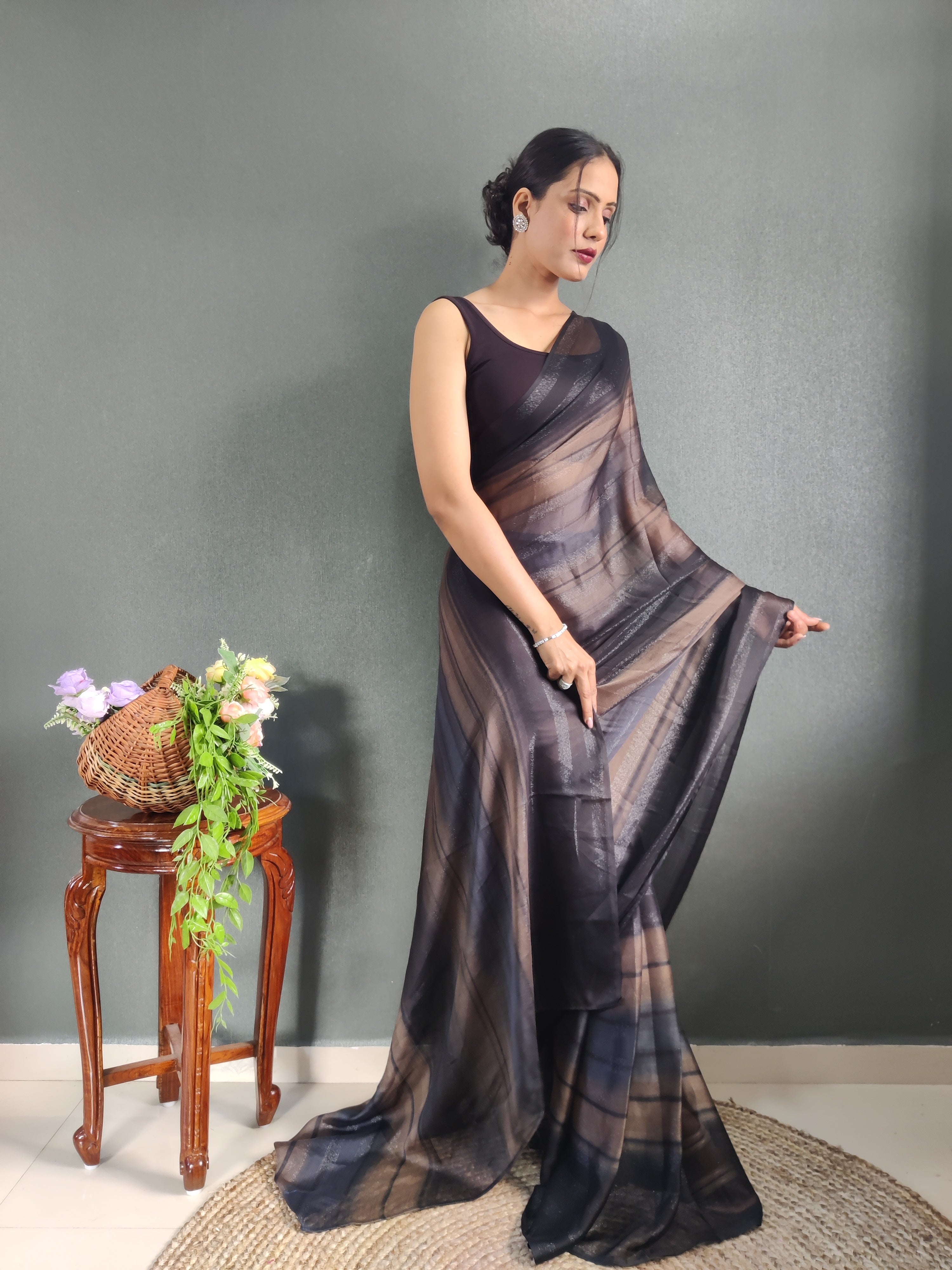Sanghosha Dark Nut Brown Premium Georgette 1-Min Ready To Wear Saree