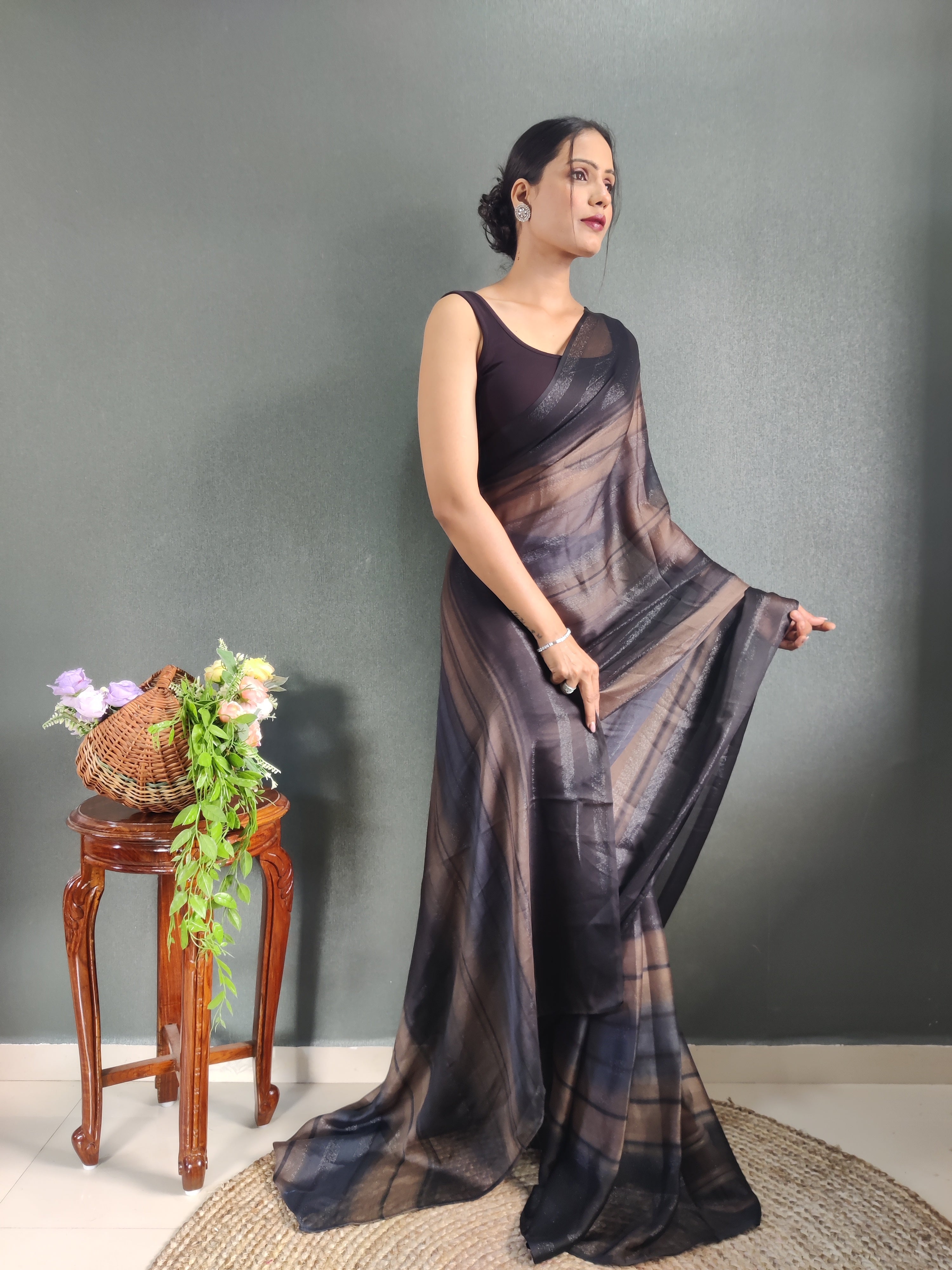 Sanghosha Dark Nut Brown Premium Georgette 1-Min Ready To Wear Saree