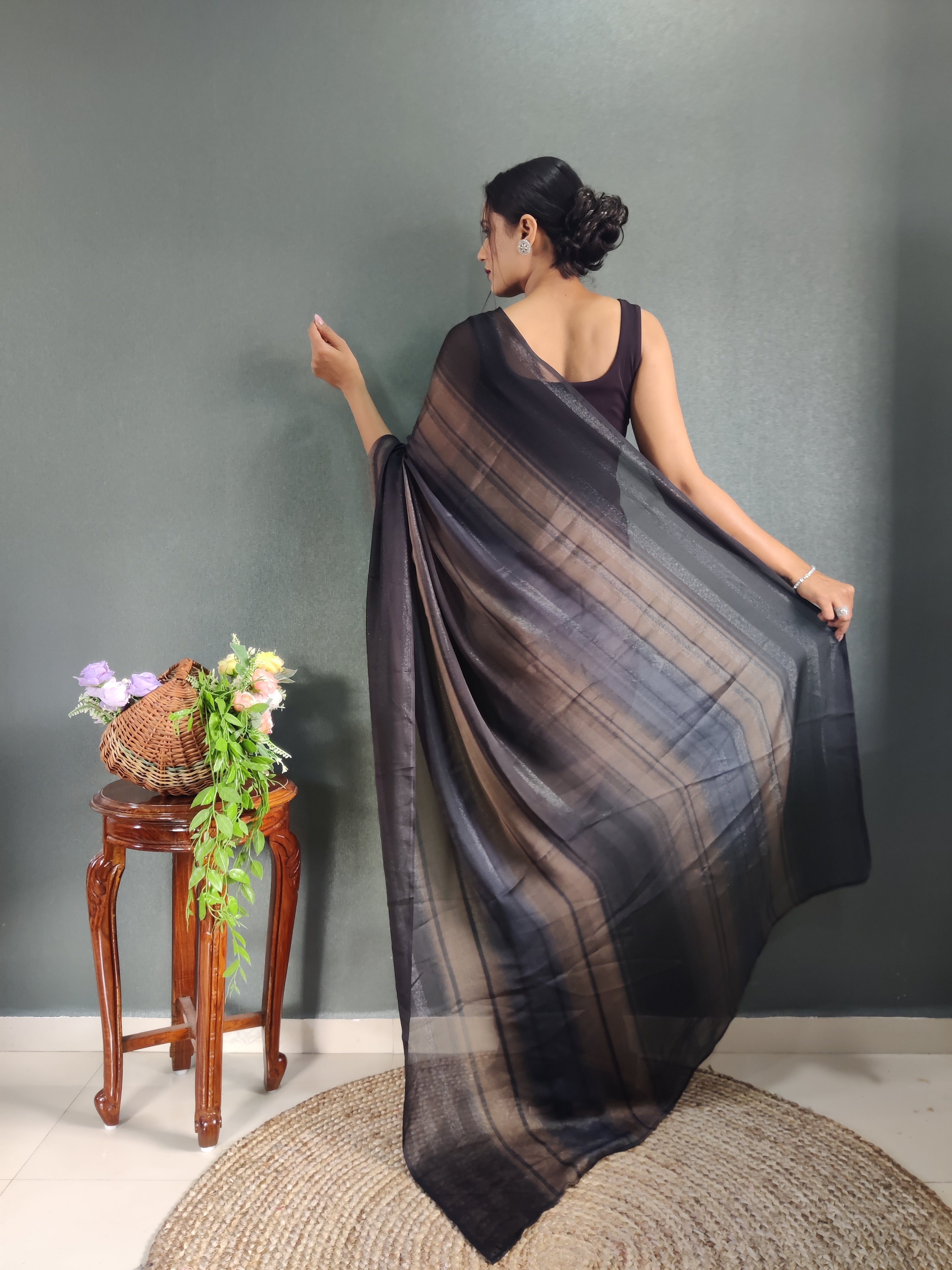 Sanghosha Dark Nut Brown Premium Georgette 1-Min Ready To Wear Saree