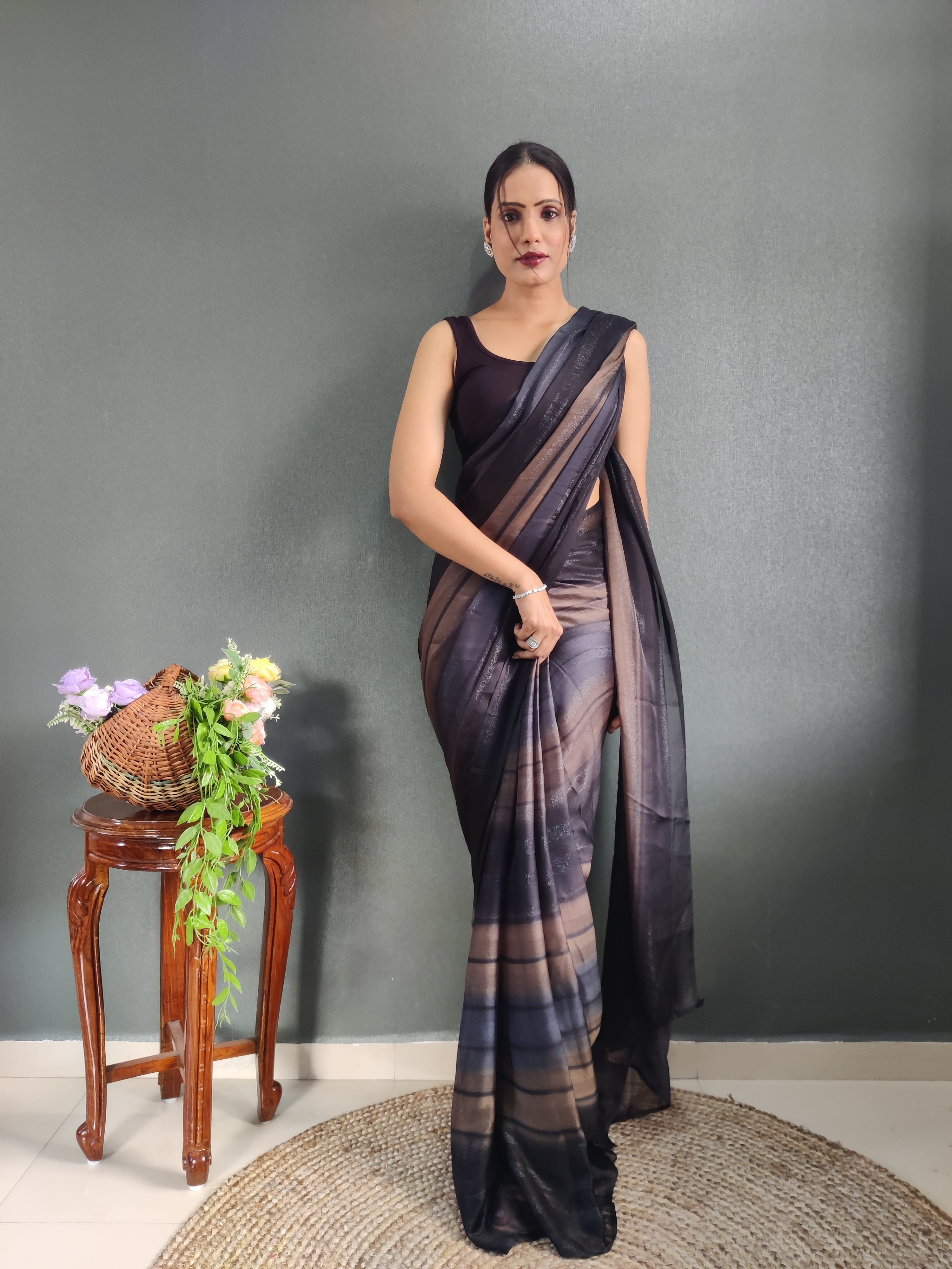 Sanghosha Dark Nut Brown Premium Georgette 1-Min Ready To Wear Saree
