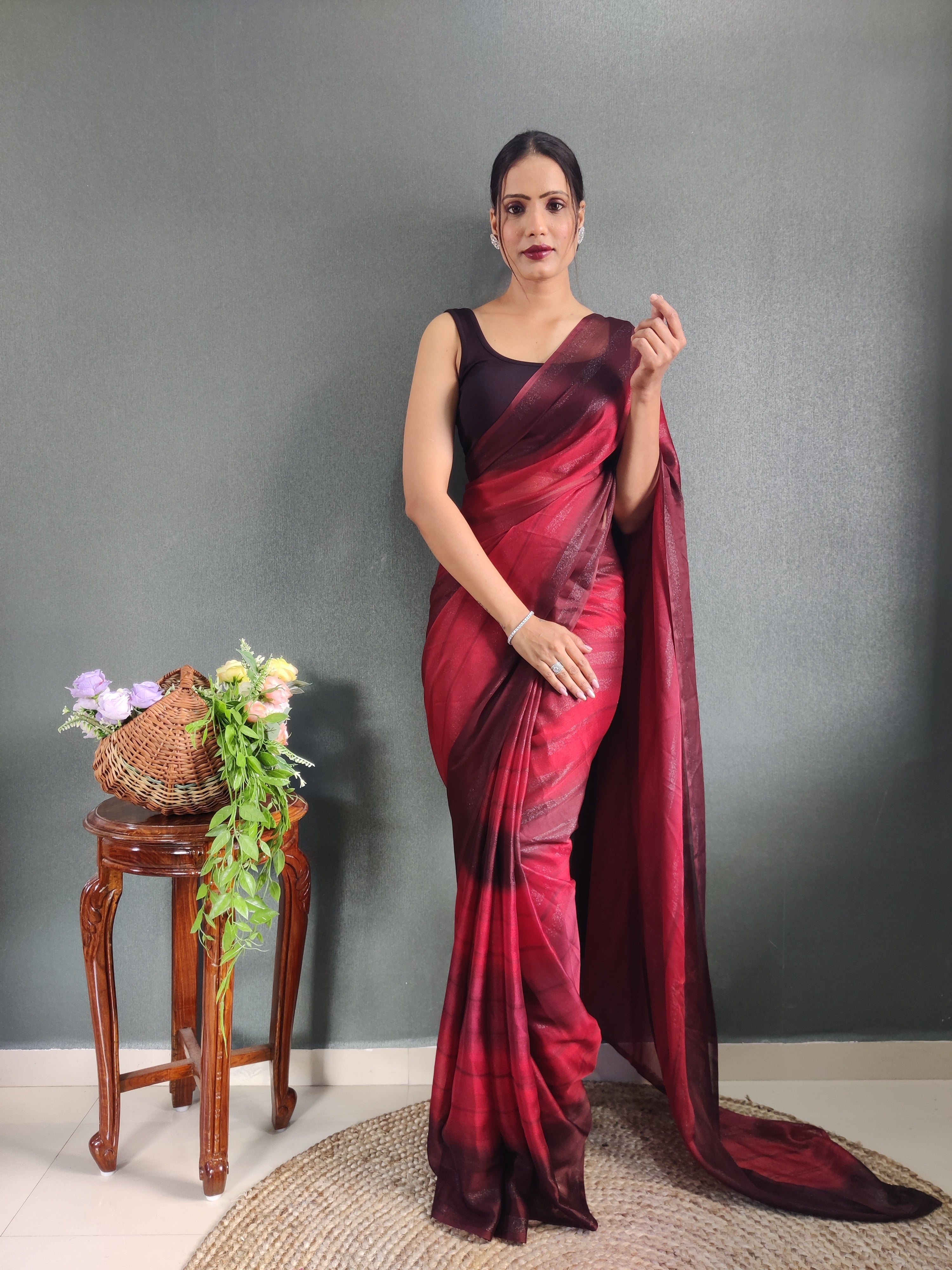 Sanghosha Dry Rose Premium Georgette 1-Min Ready To Wear Saree