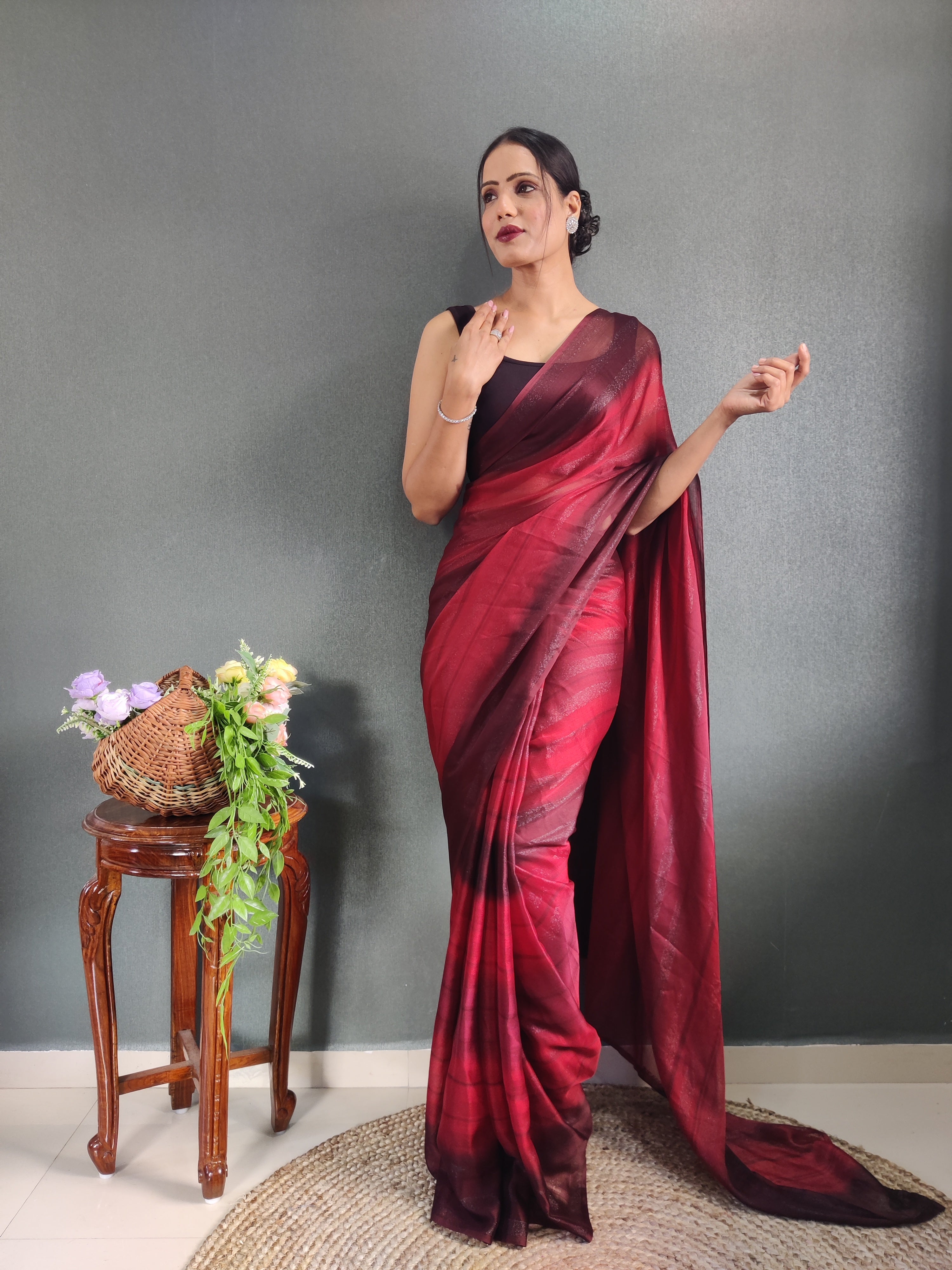 Sanghosha Dry Rose Premium Georgette 1-Min Ready To Wear Saree