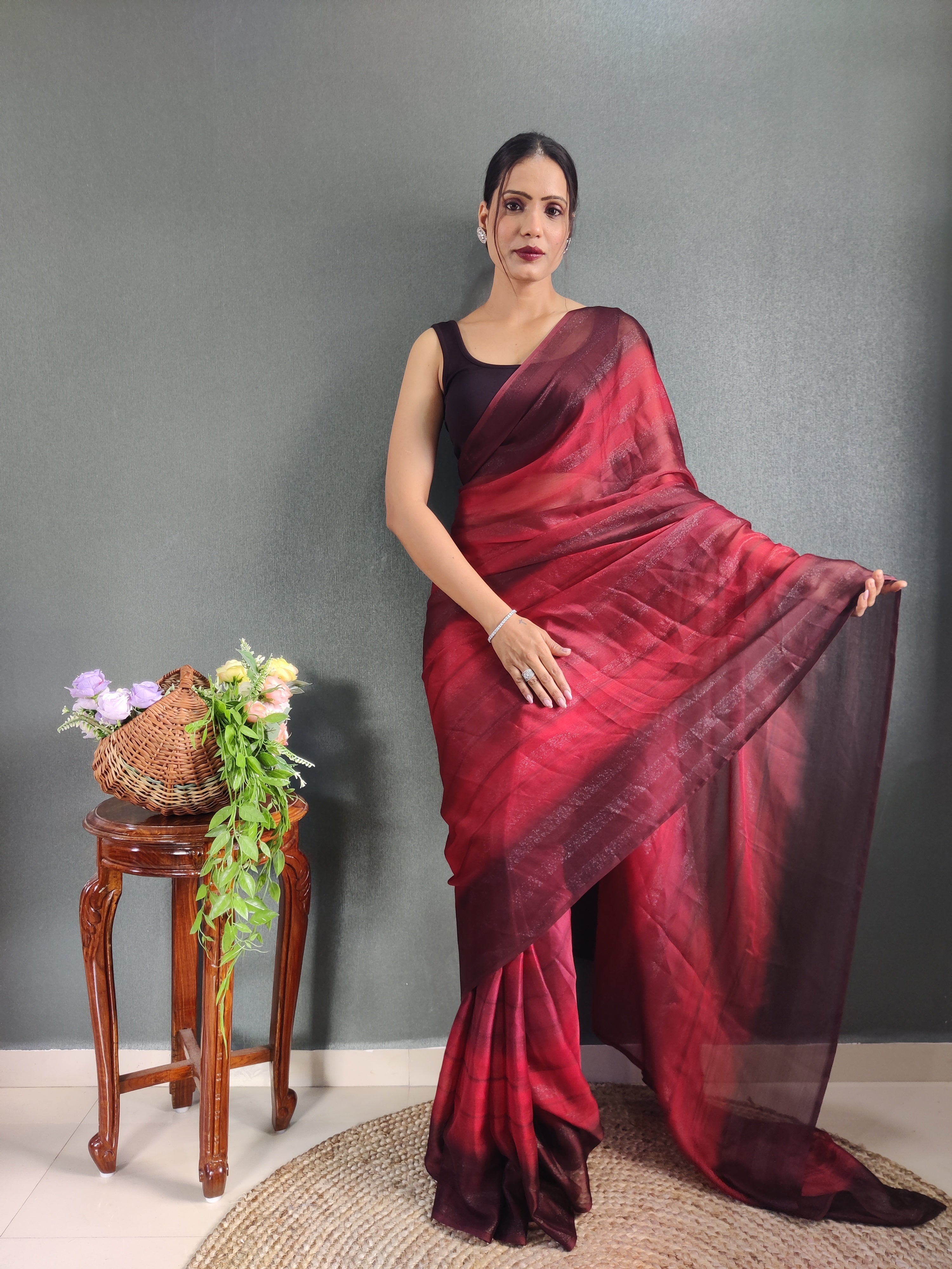 Sanghosha Dry Rose Premium Georgette 1-Min Ready To Wear Saree