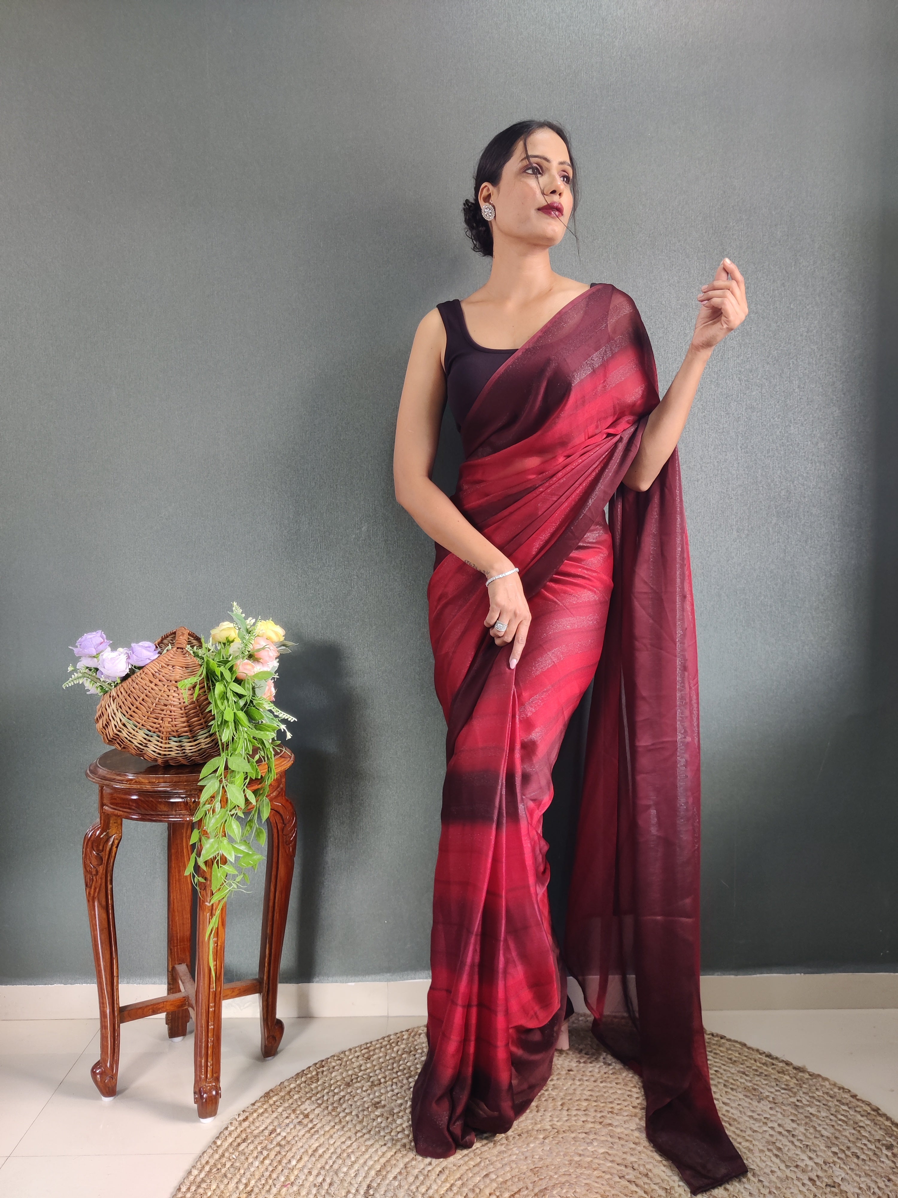 Sanghosha Dry Rose Premium Georgette 1-Min Ready To Wear Saree