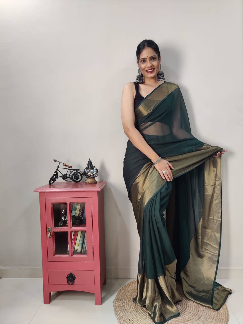 Stunning Viscose Chiffon GREEN BOTTLE Zari Work Ready to Wear Saree