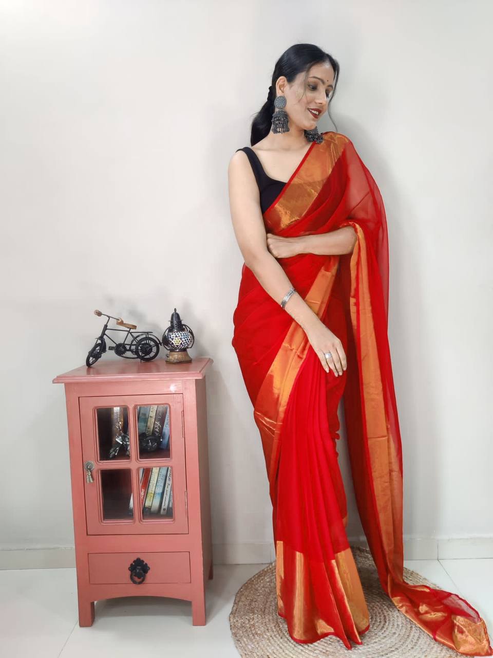 Stunning Viscose Chiffon RED Zari Work Ready to Wear Saree