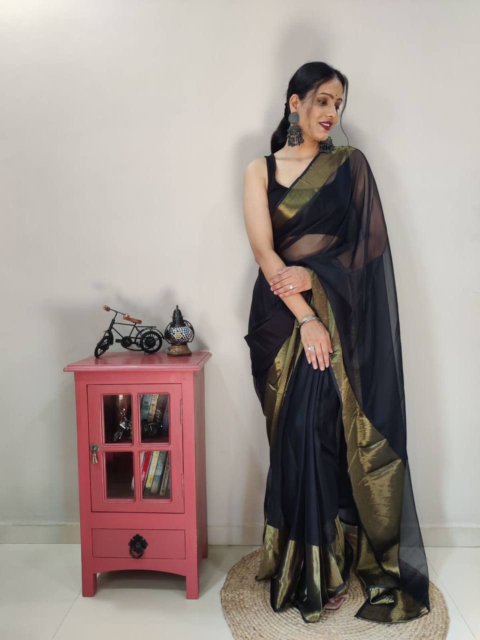 Stunning Viscose Chiffon BLACK Zari Work Ready to Wear Saree