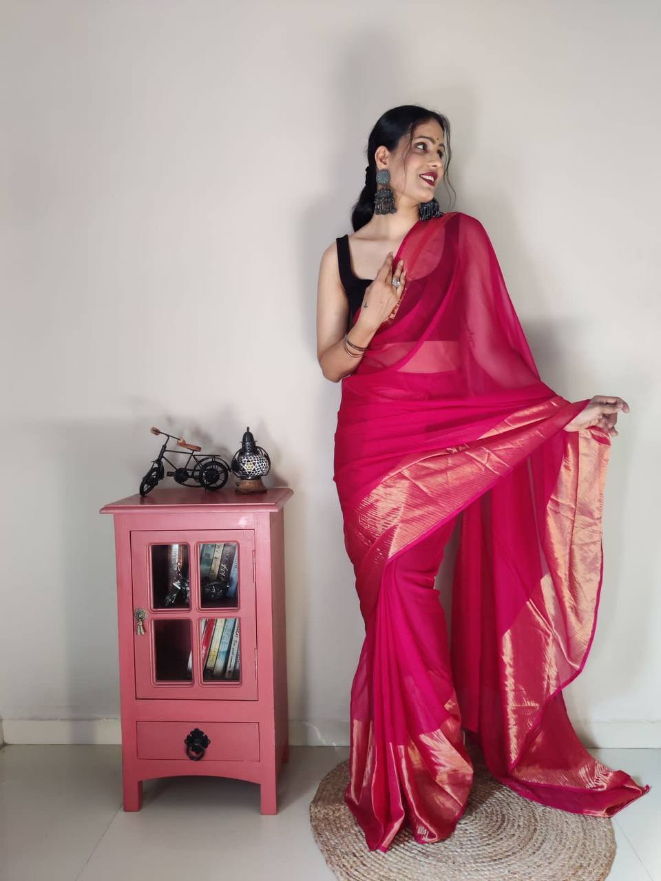 Stunning Viscose Chiffon PINK Zari Work Ready to Wear Saree