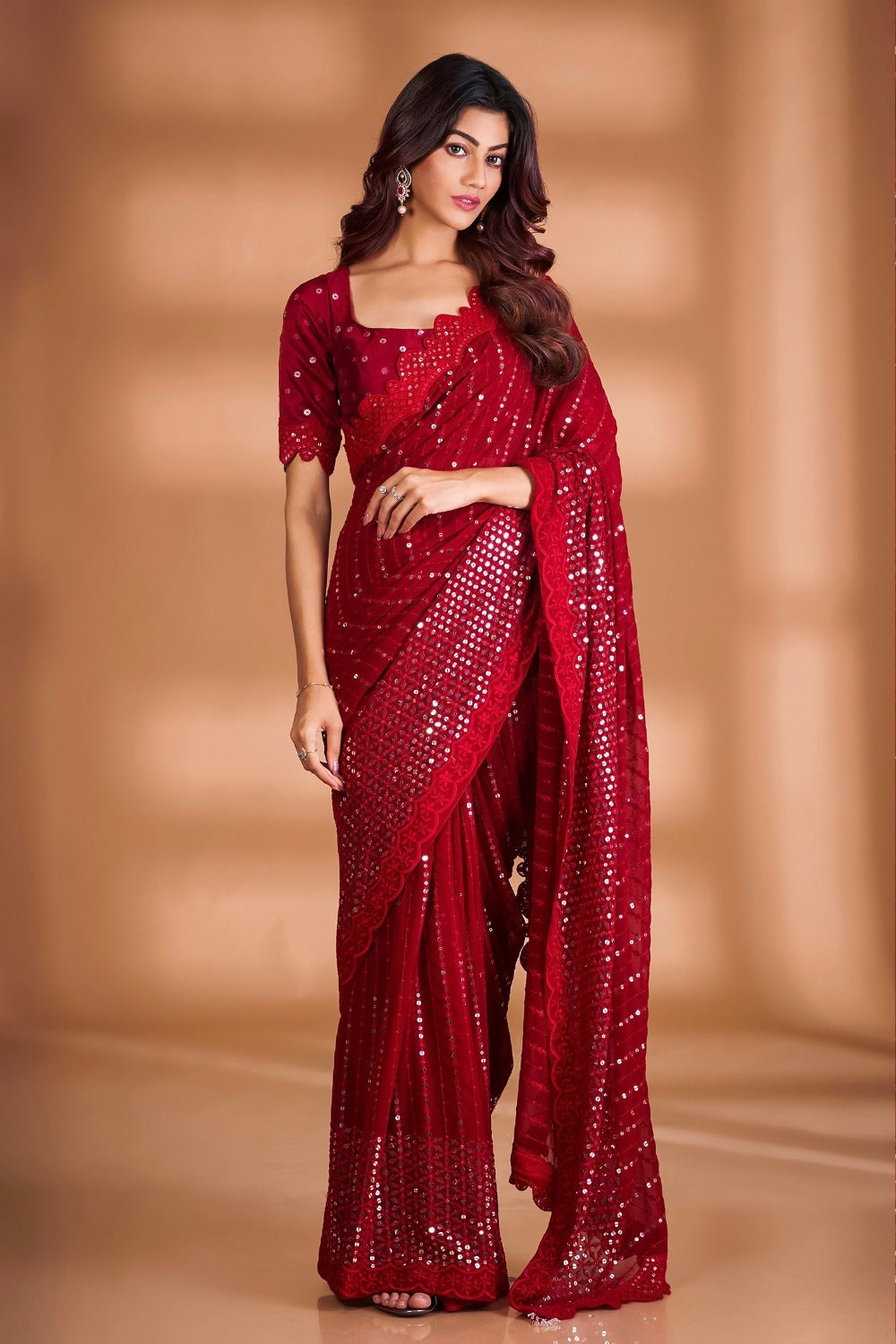 Red Georgette Fabric With Sequence embroidery Work Party Wear Saree