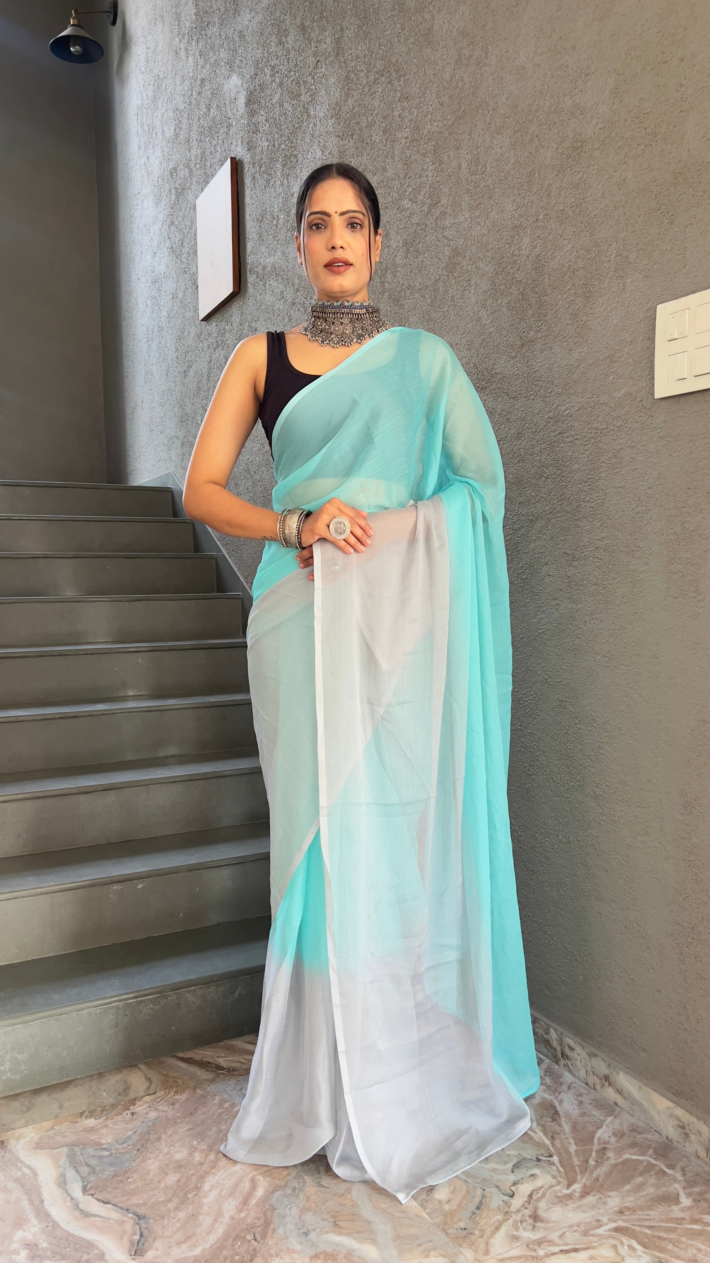 Womens Chiffon Saree with Tassels with Unstitched Blouse