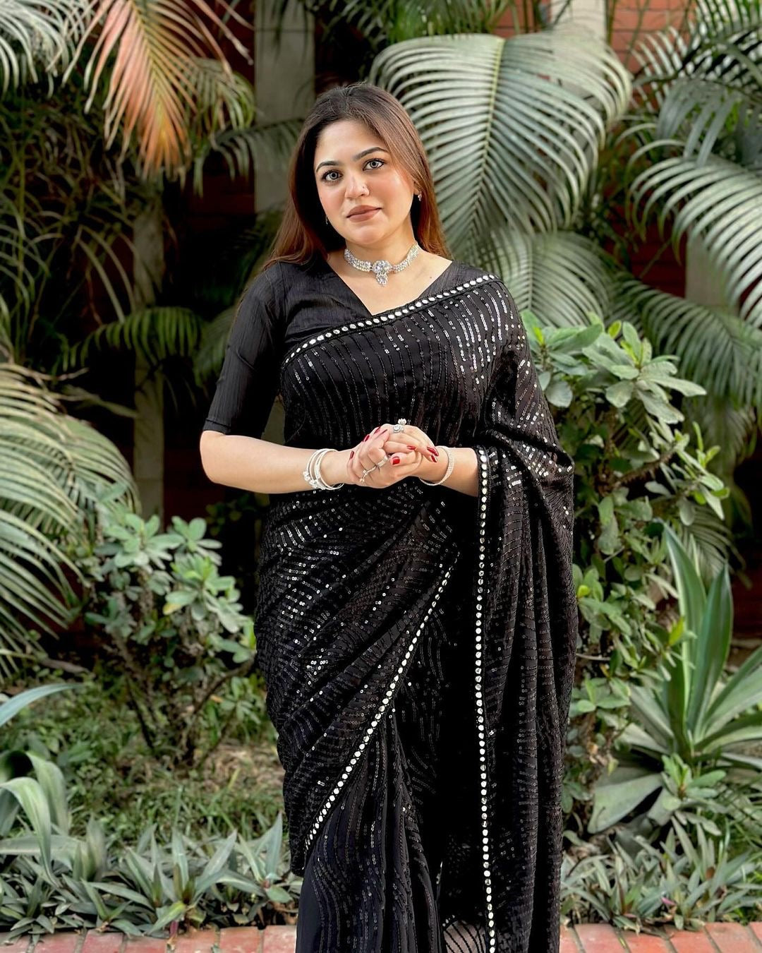 Glam Noir The Ultimate Black Stylish Bollywood Georgette Unveil Elegance Saree