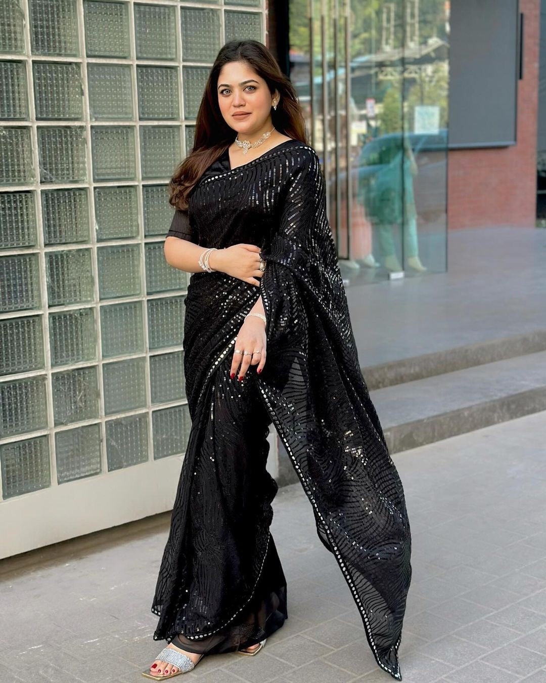 Glam Noir The Ultimate Black Stylish Bollywood Georgette Unveil Elegance Saree