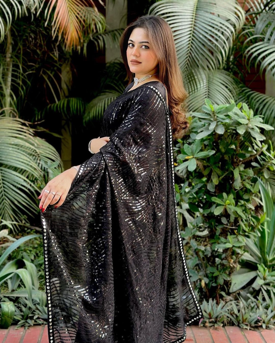 Glam Noir The Ultimate Black Stylish Bollywood Georgette Unveil Elegance Saree