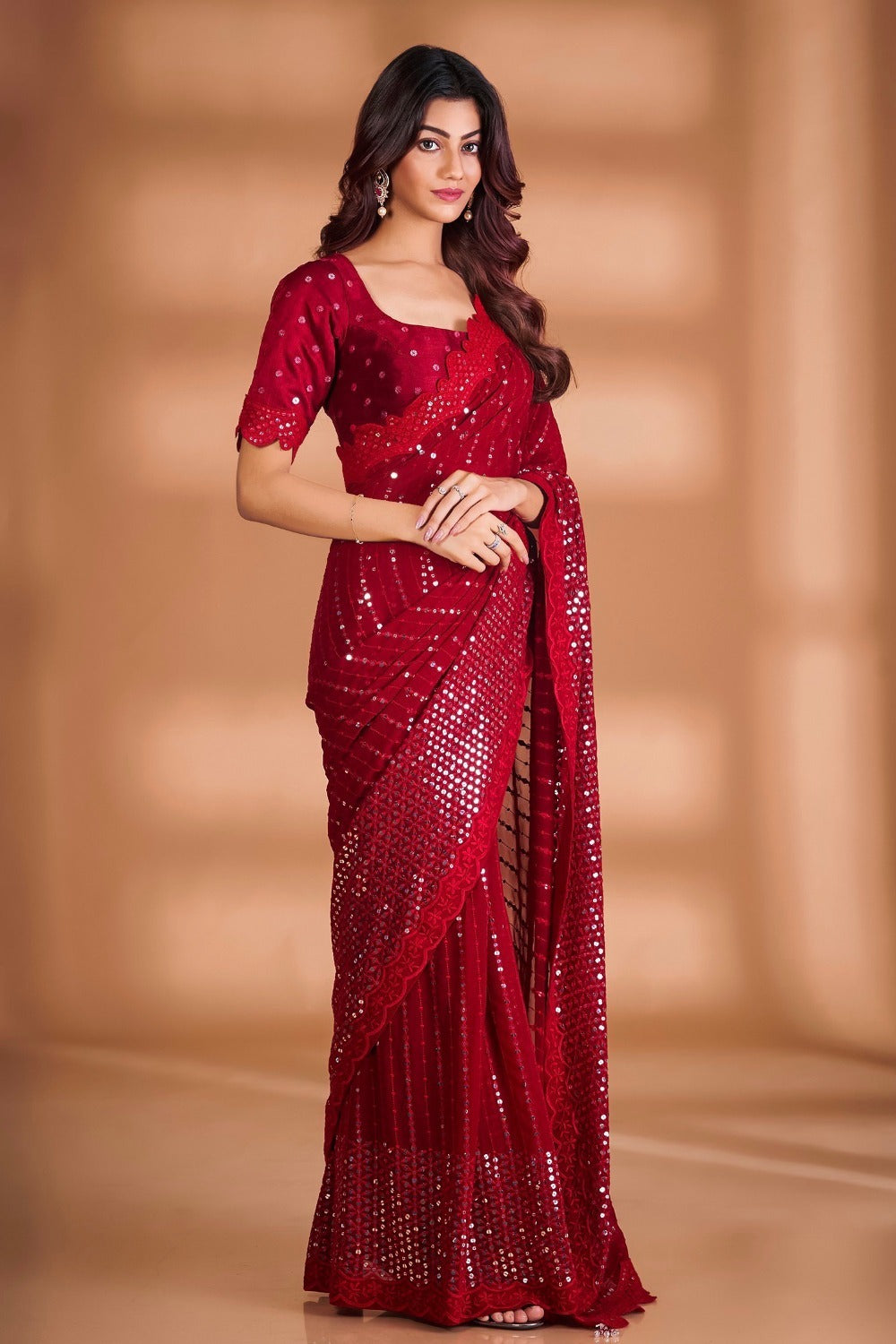 Red Georgette Fabric With Sequence embroidery Work Party Wear Saree