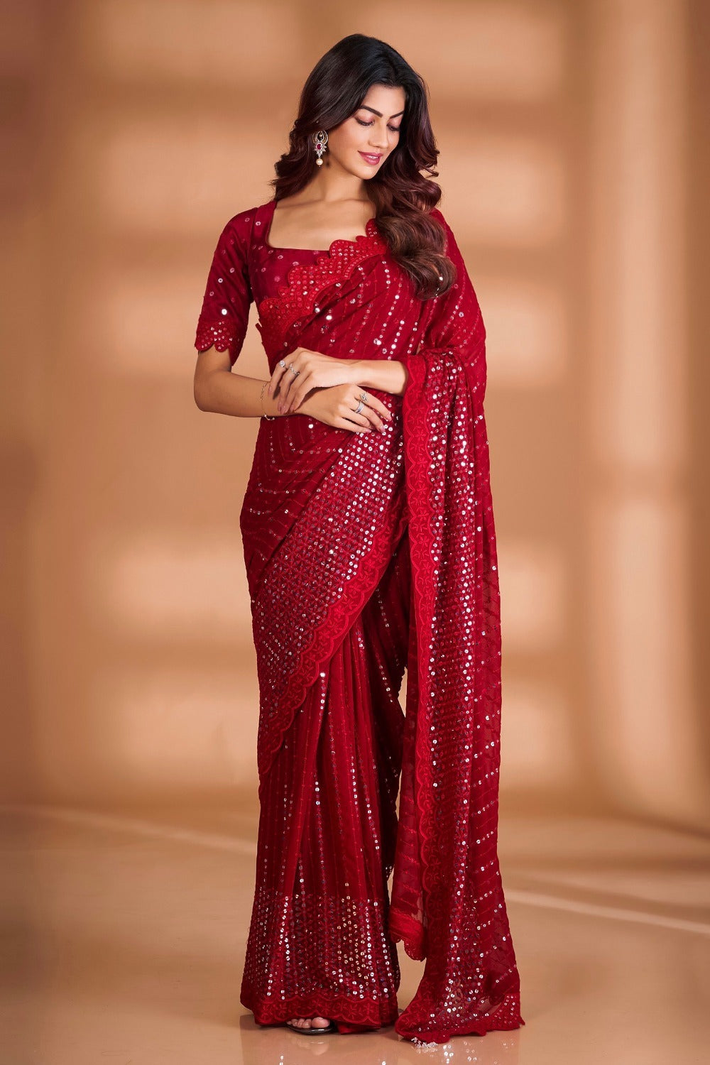 Red Georgette Fabric With Sequence embroidery Work Party Wear Saree
