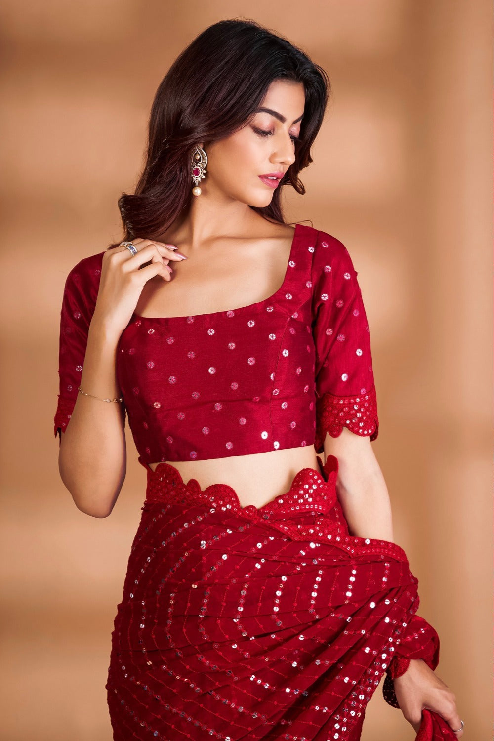 Red Georgette Fabric With Sequence embroidery Work Party Wear Saree