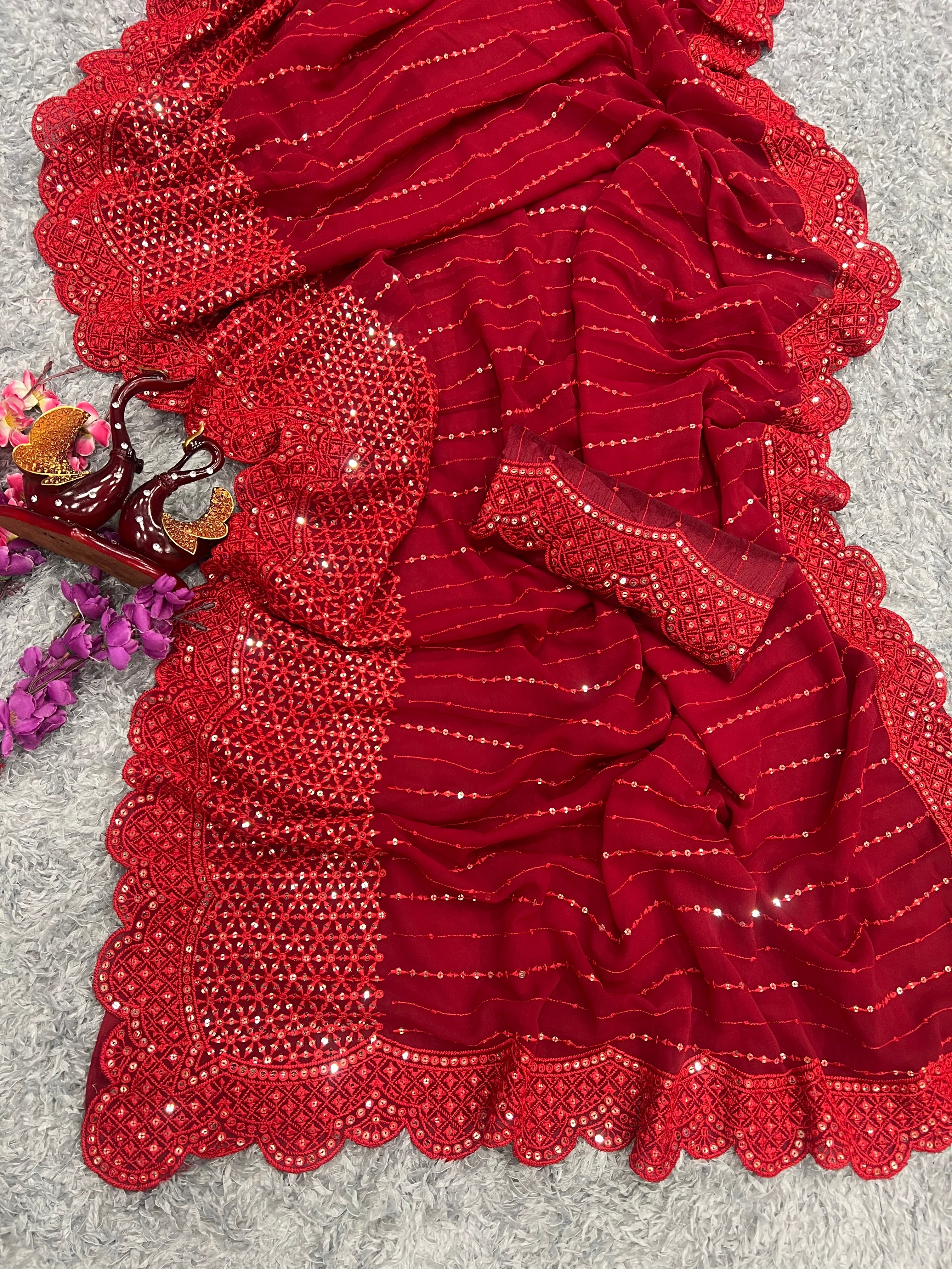 Red Georgette Fabric With Sequence embroidery Work Party Wear Saree