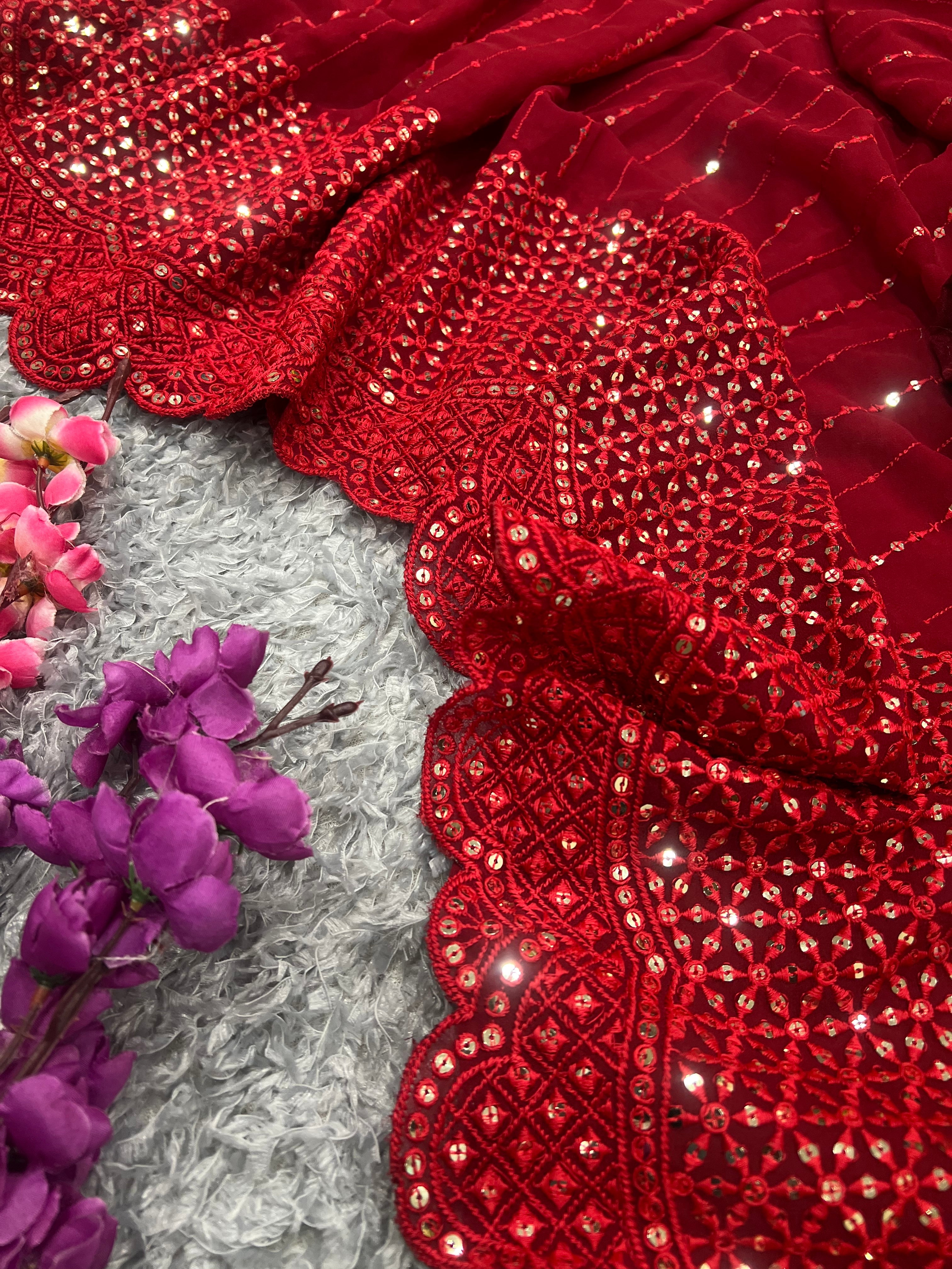 Red Georgette Fabric With Sequence embroidery Work Party Wear Saree