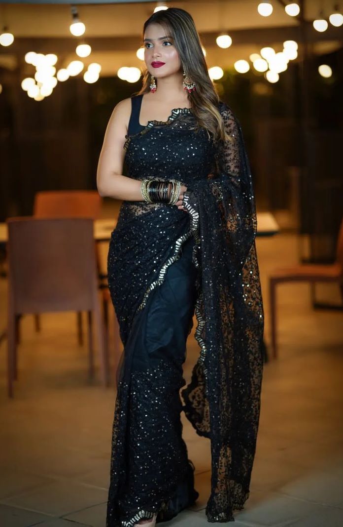 Classic Black Party Wear Saree with Blouse Indian Wedding Saree Georgette Saree