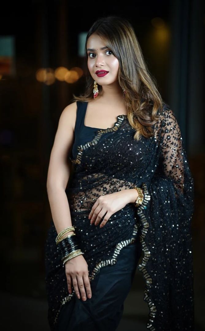 Classic Black Party Wear Saree with Blouse Indian Wedding Saree Georgette Saree
