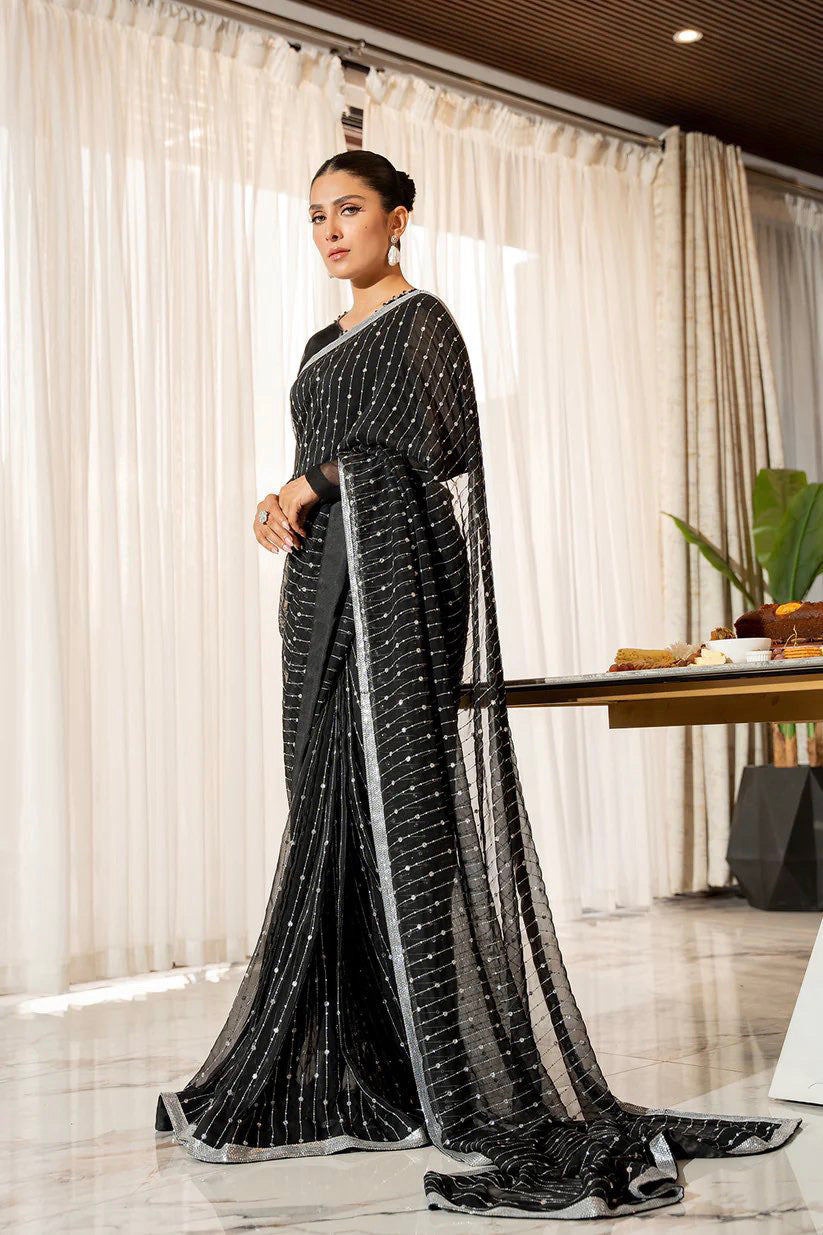 Blackish Georgette Sequin Saree with Silver Lace border,Bridesmaid's saree