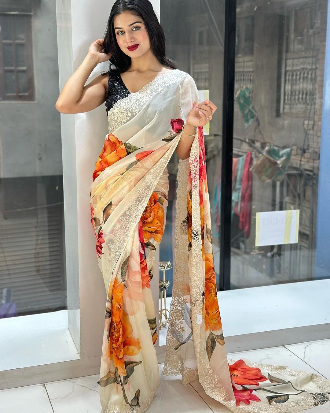 Beautiful floral print chinin silk Ready To Wear Georgette Saree with Floral Design and Unstitched Blouse