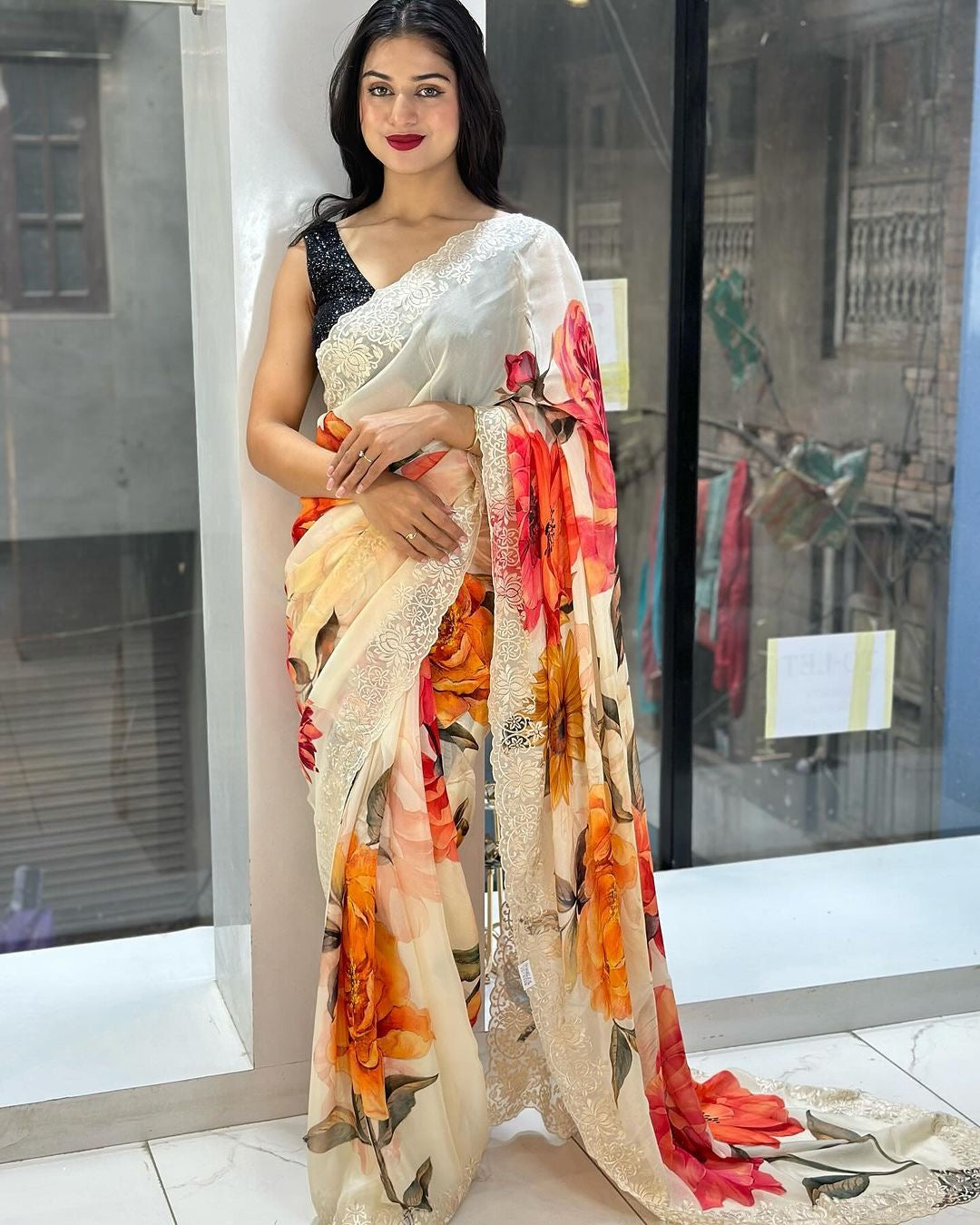 Beautiful floral print chinin silk Ready To Wear Georgette Saree with Floral Design and Unstitched Blouse