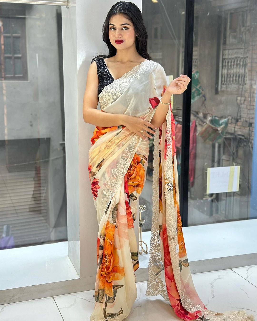 Beautiful floral print chinin silk Ready To Wear Georgette Saree with Floral Design and Unstitched Blouse