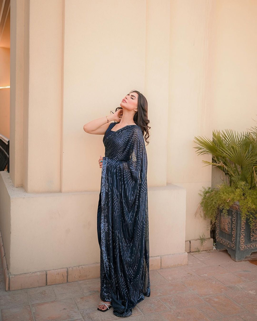 ready to wear saree inspired Black and gold-toned sequence Embroidery work saree-Bridesmaid 1 min Georgette saree with partywear sari