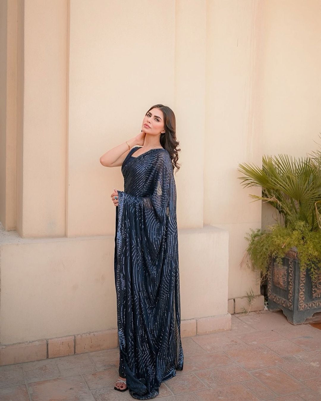 ready to wear saree inspired Black and gold-toned sequence Embroidery work saree-Bridesmaid 1 min Georgette saree with partywear sari