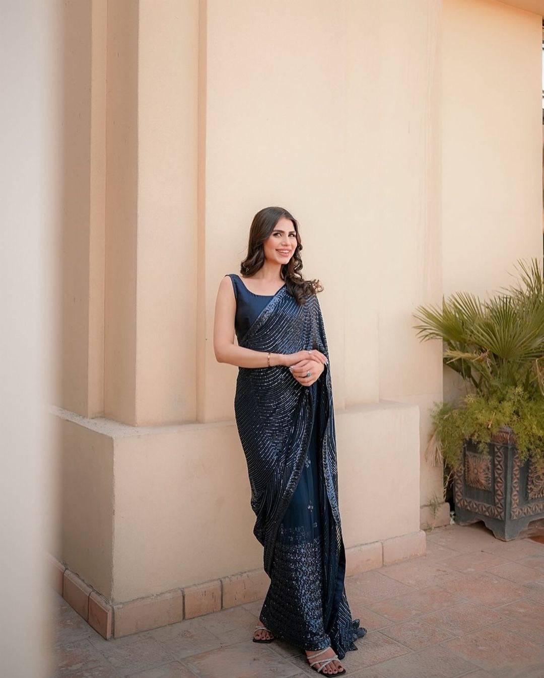 ready to wear saree inspired Black and gold-toned sequence Embroidery work saree-Bridesmaid 1 min Georgette saree with partywear sari