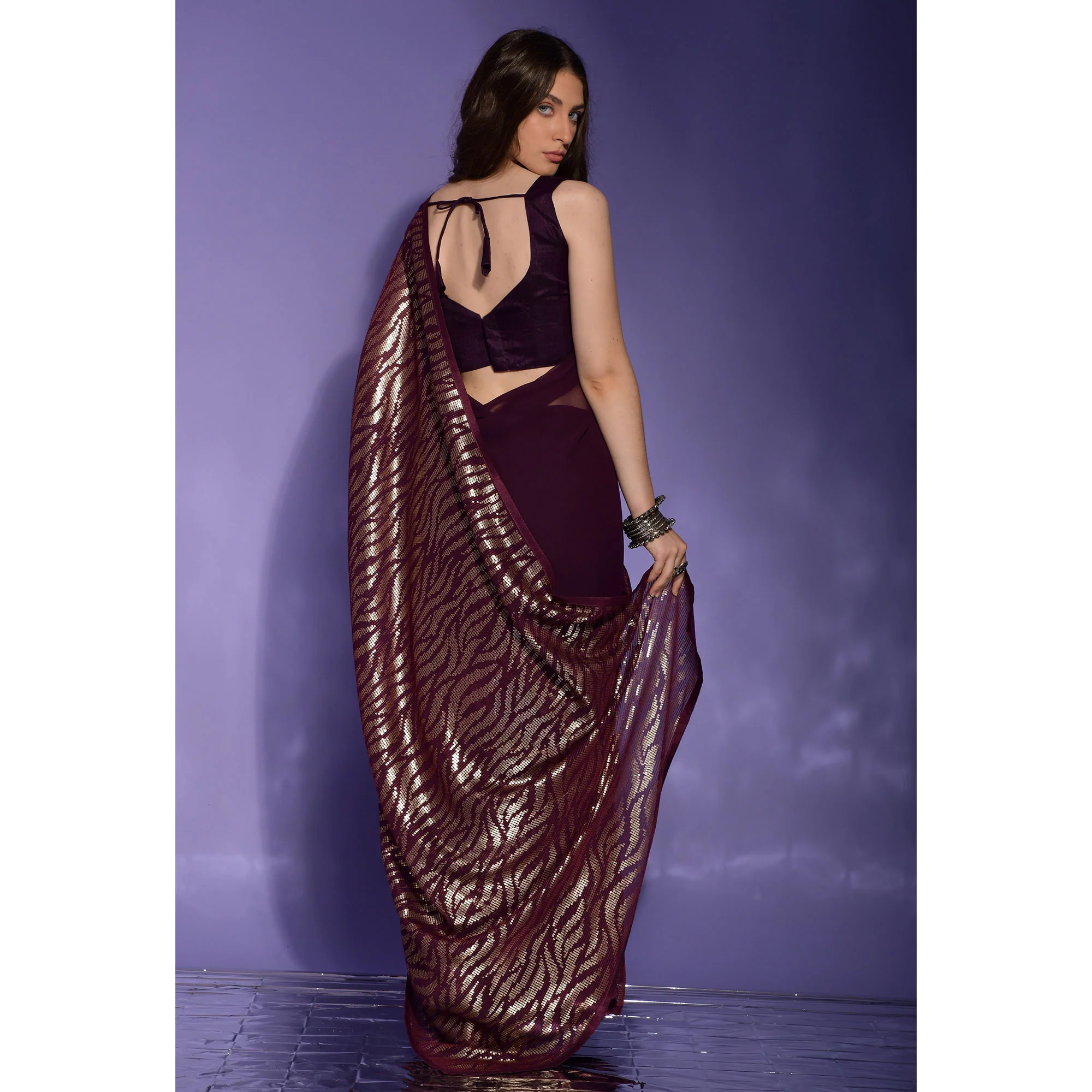 ready to wear saree inspired Wine and gold-toned sequence Embroidery work saree-Bridesmaid 1 min Georgette saree with partywear sari