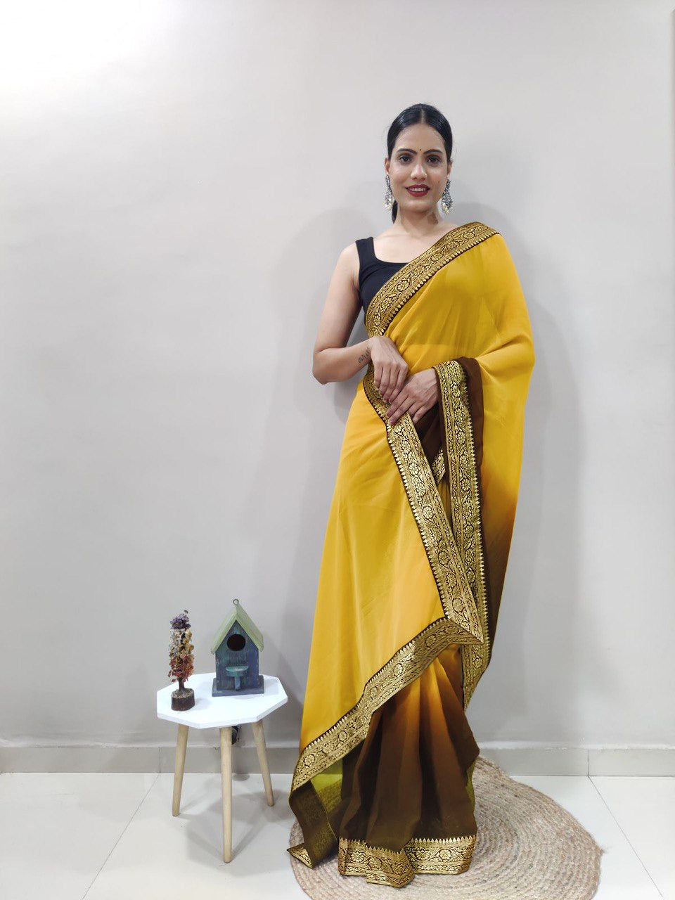 Lemon Curry Dual Color Ready to Wear Sanghosha Silk Saree With Blouse