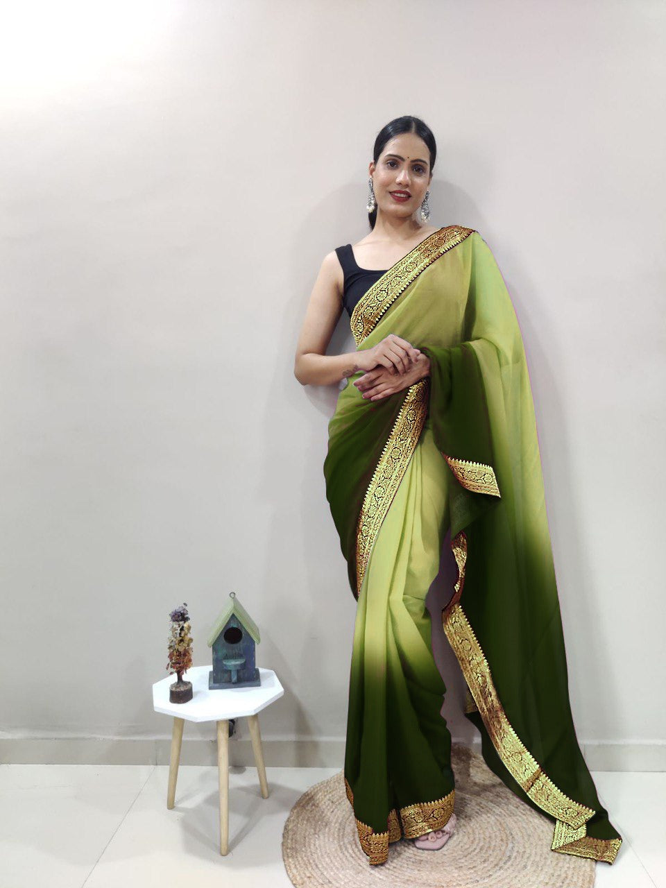 Tan Green Dual Color Ready to Wear Sanghosha Silk Saree With Blouse