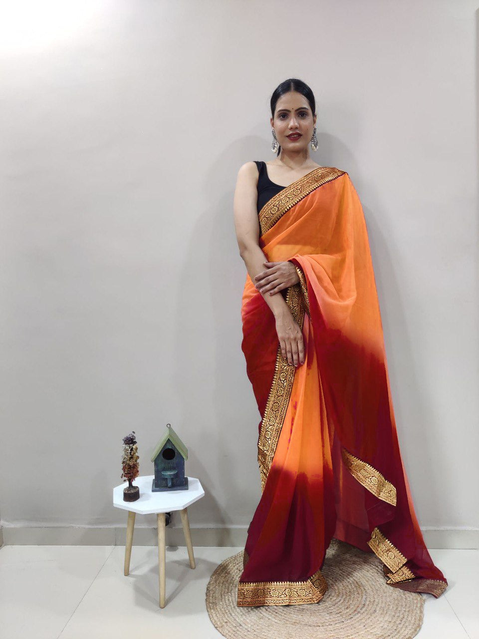 Christmas Orange Dual Color Ready to Wear Sanghosha Silk Saree With Blouse