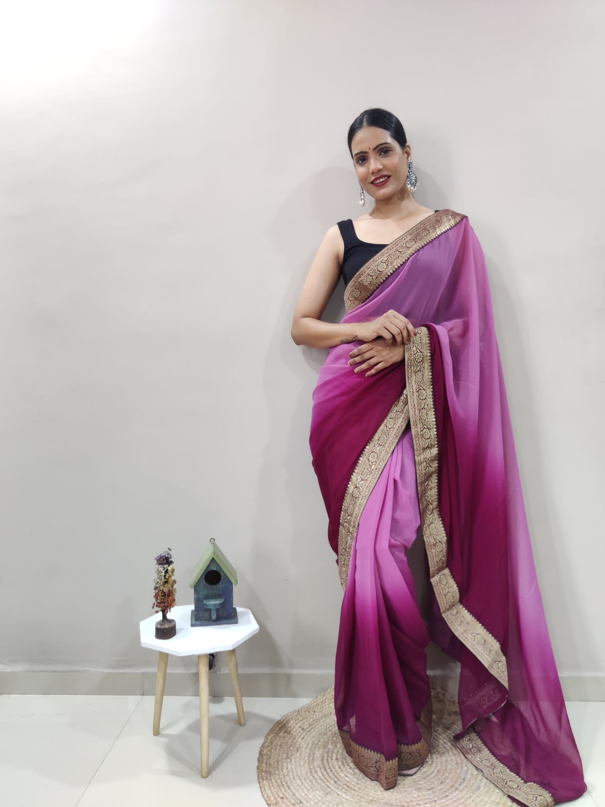 Magic Magenta Dual Color Ready to Wear Sanghosha Silk Saree With Blouse