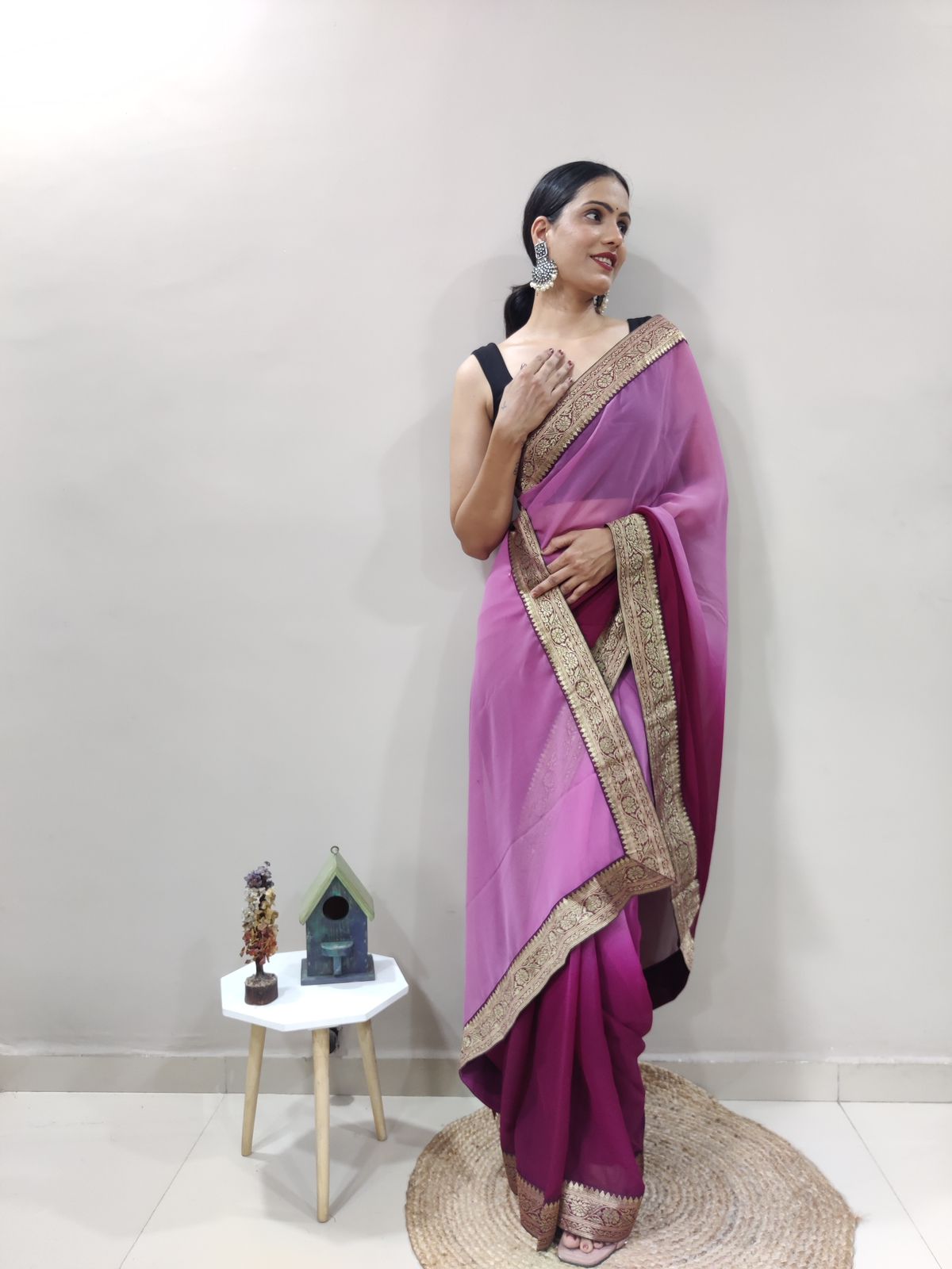 Magic Magenta Dual Color Ready to Wear Sanghosha Silk Saree With Blouse