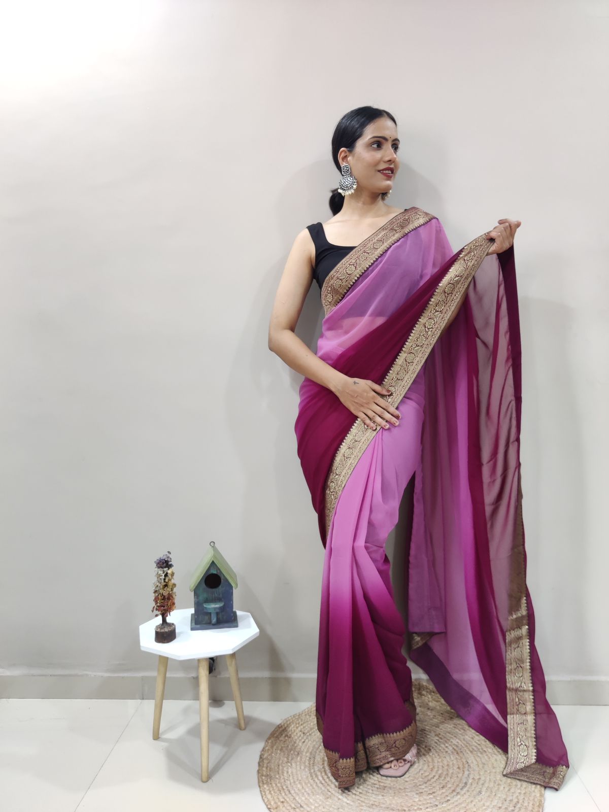 Magic Magenta Dual Color Ready to Wear Sanghosha Silk Saree With Blouse